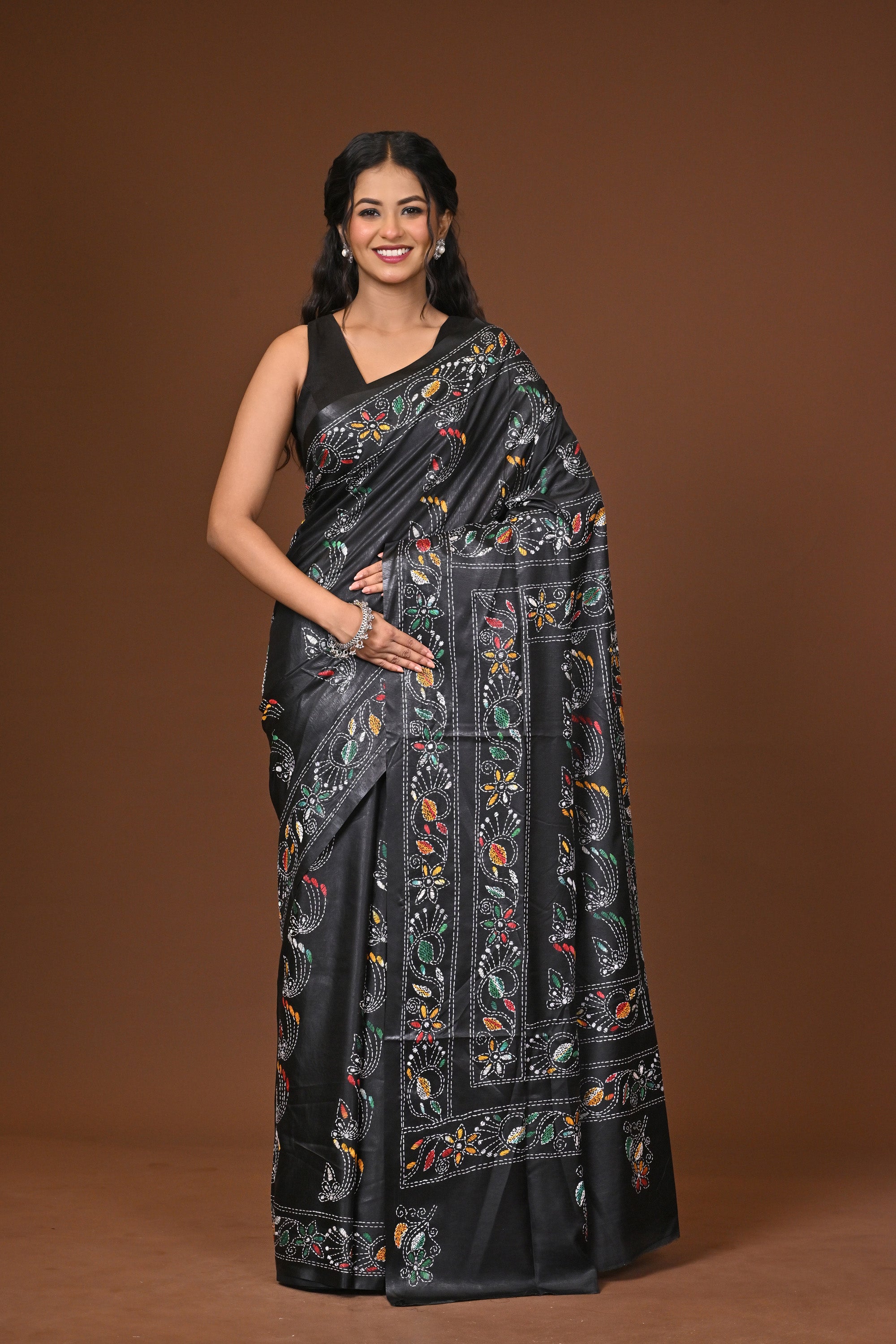 Blended Silk Kantha Stitch Saree Black