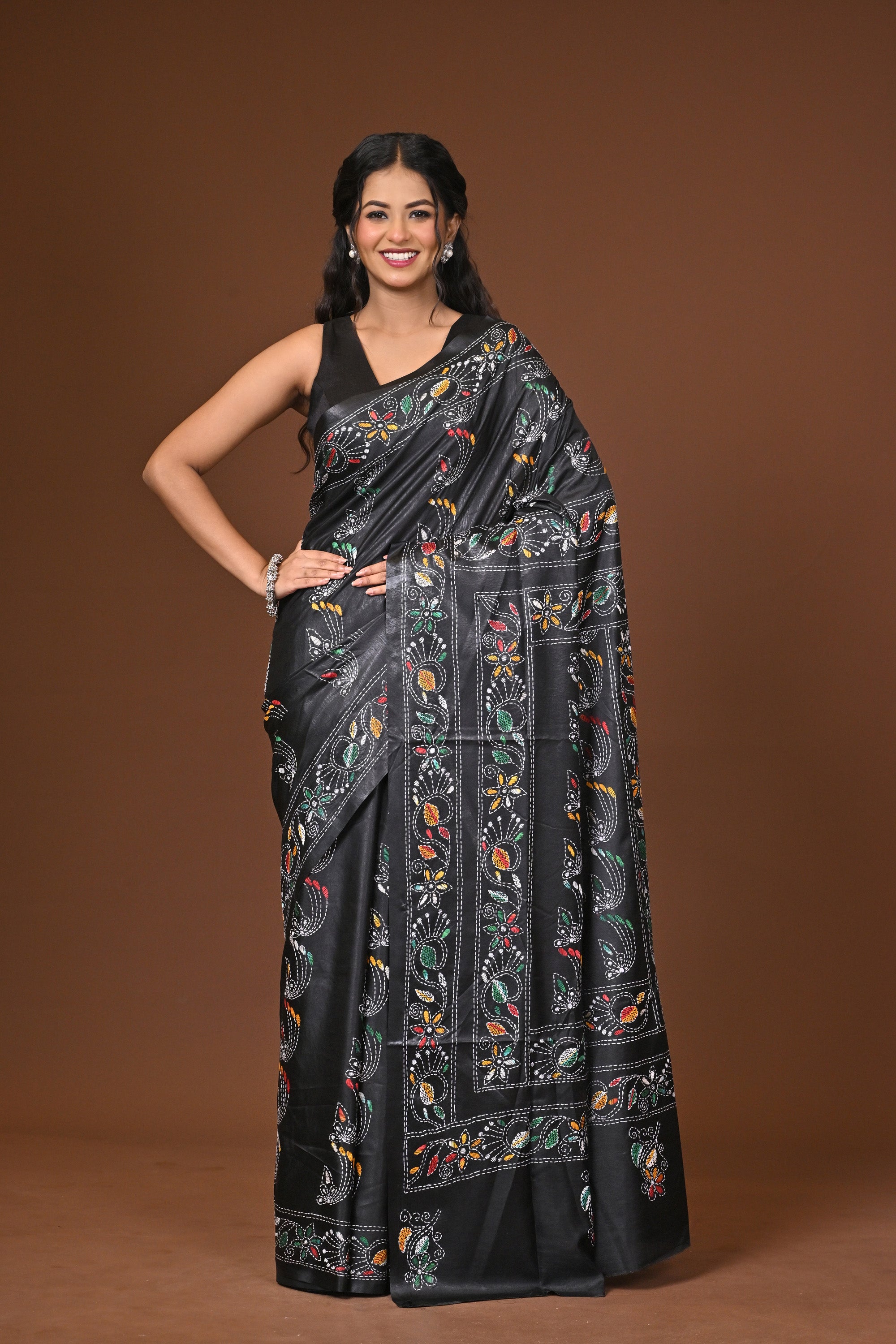Blended Silk Kantha Stitch Saree Black Thumbnail