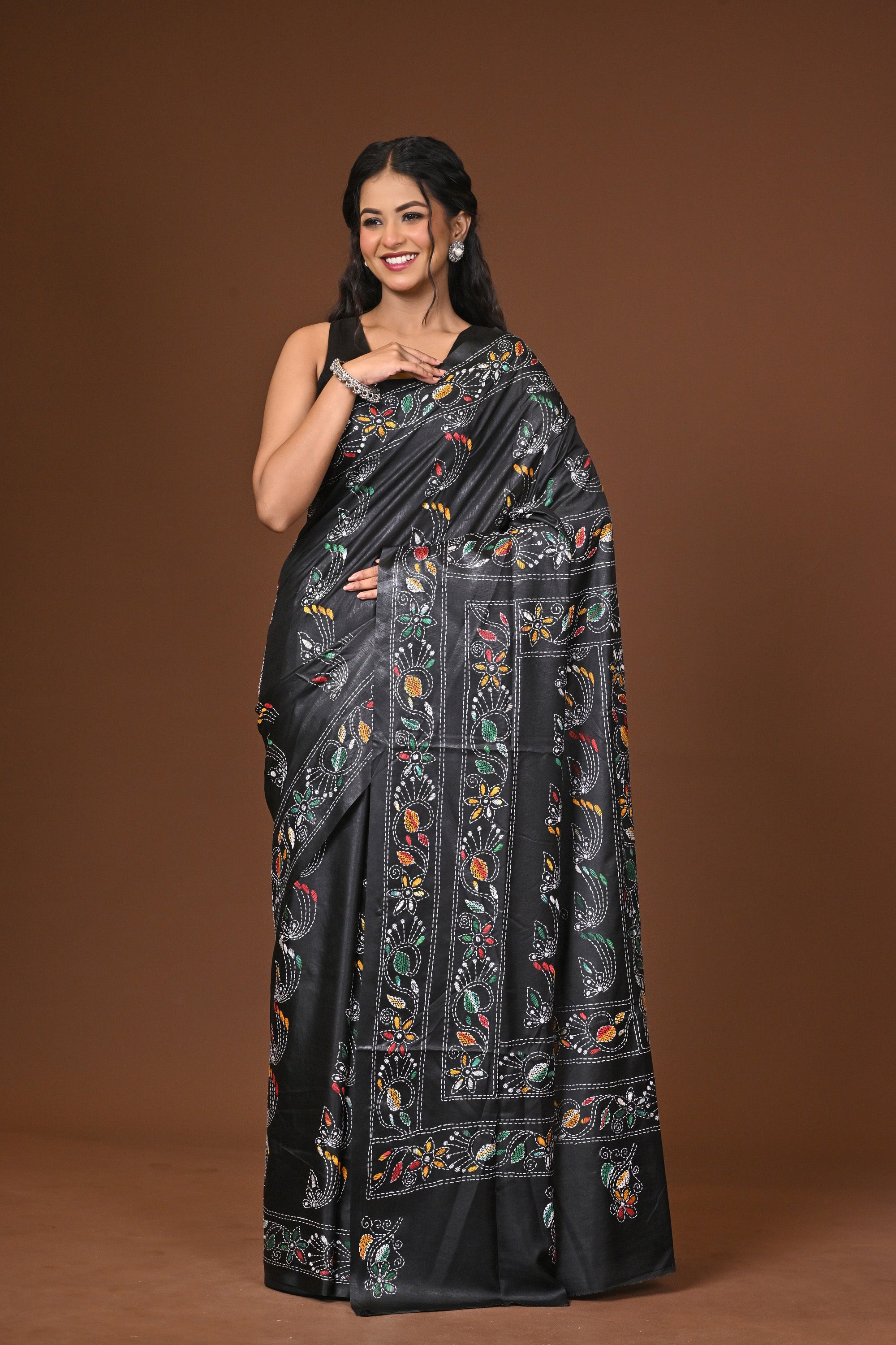 Blended Silk Kantha Stitch Saree Black Thumbnail