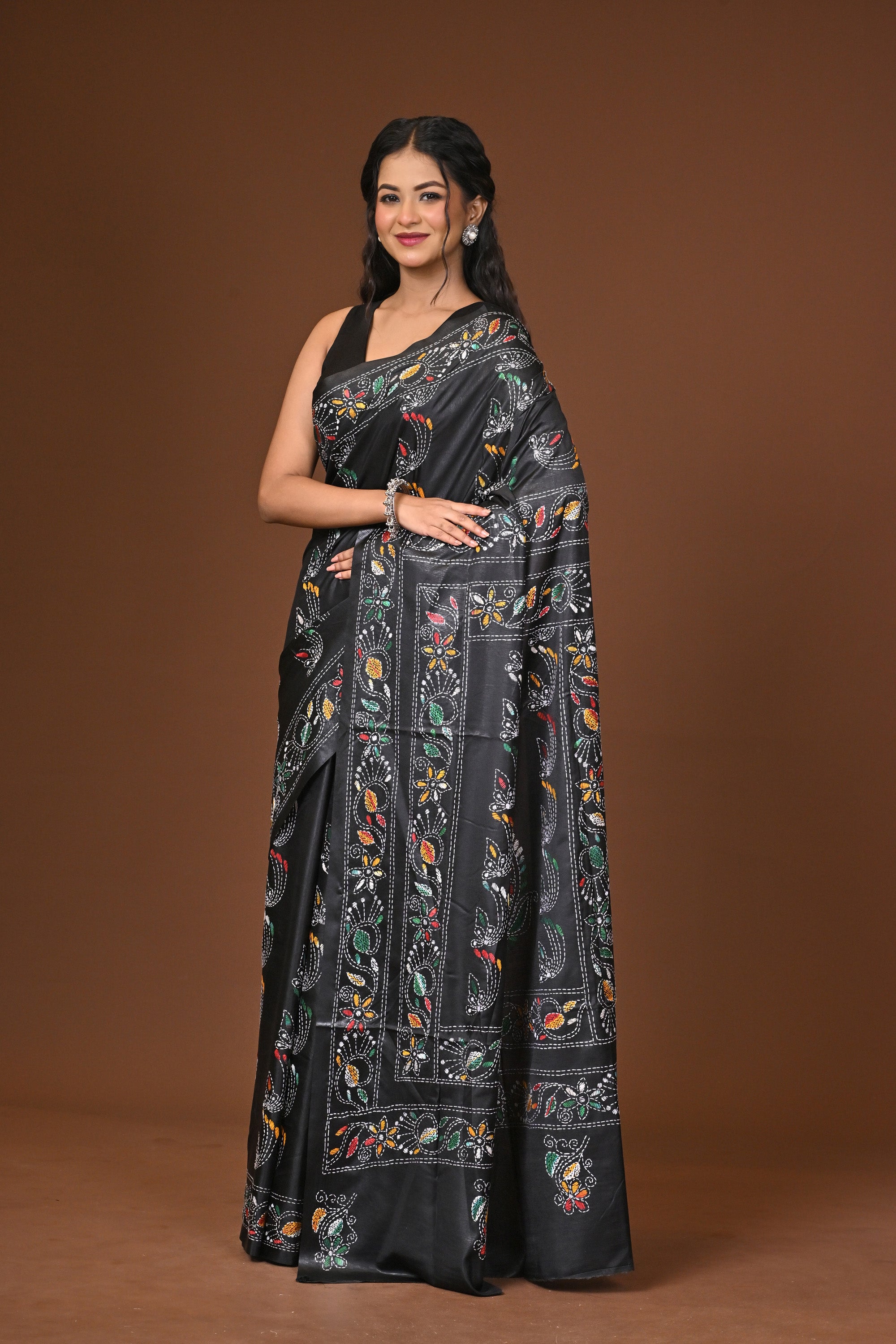 Blended Silk Kantha Stitch Saree Black Thumbnail