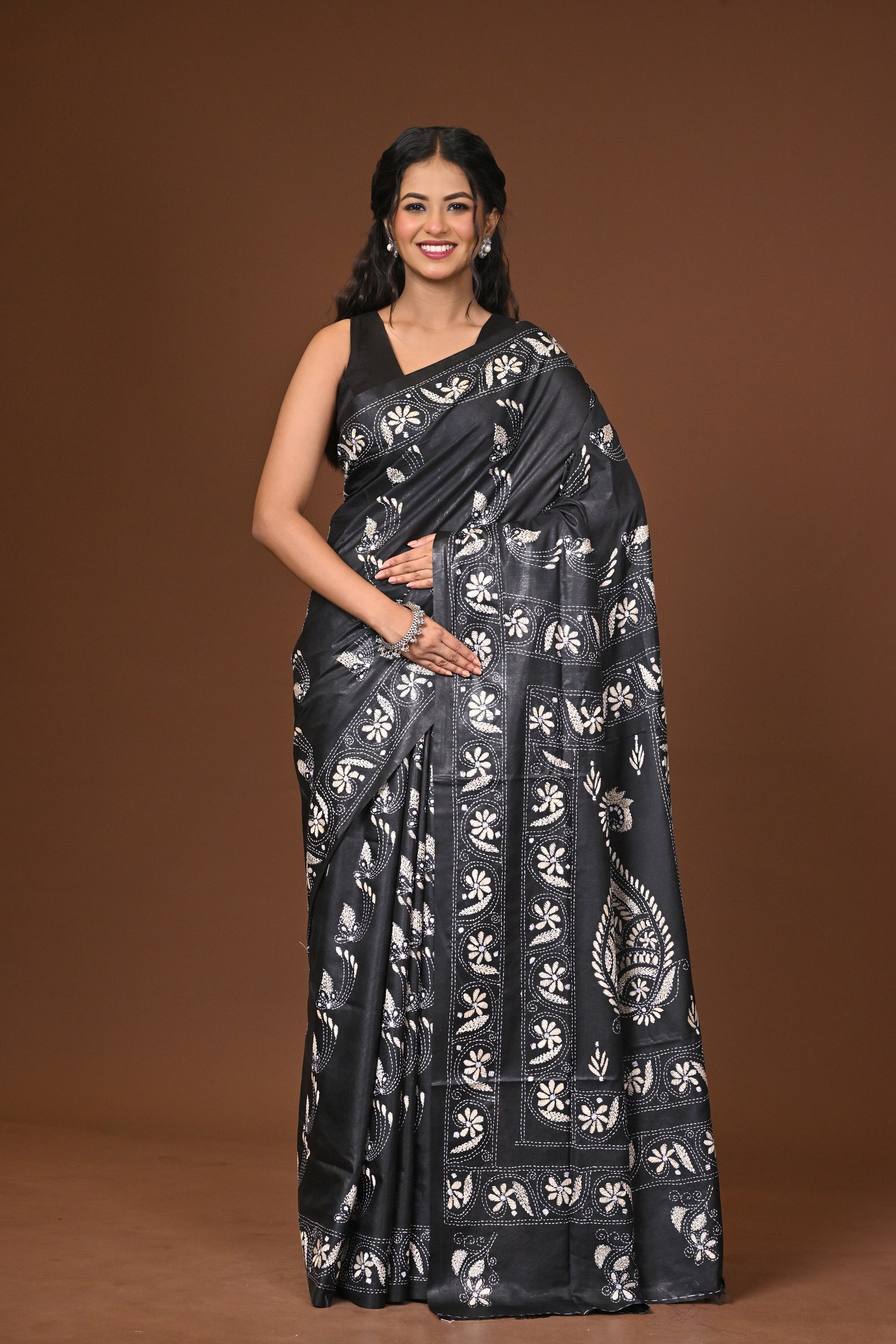 Blended Silk Kantha Stitch Saree Black