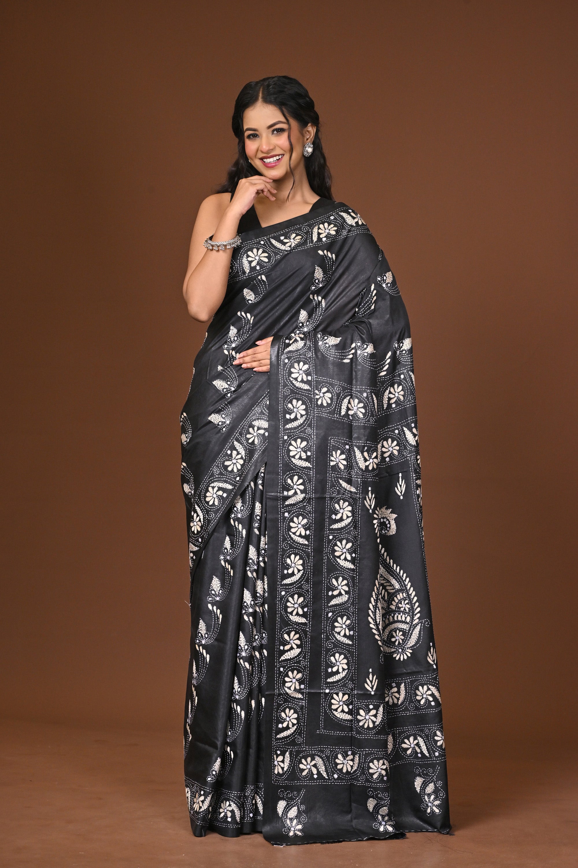 Blended Silk Kantha Stitch Saree Black Thumbnail