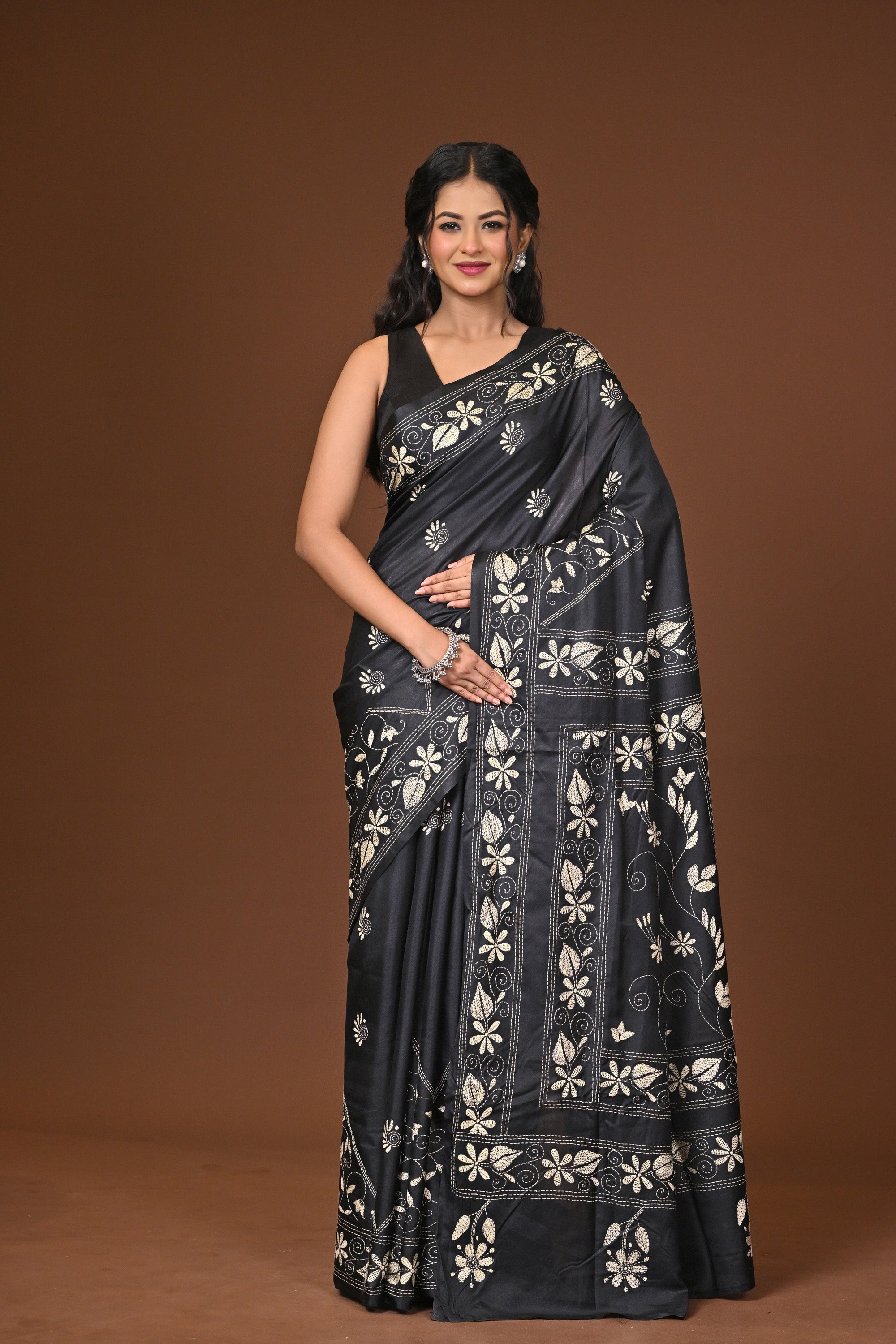 Blended Silk Kantha Stitch Saree Black