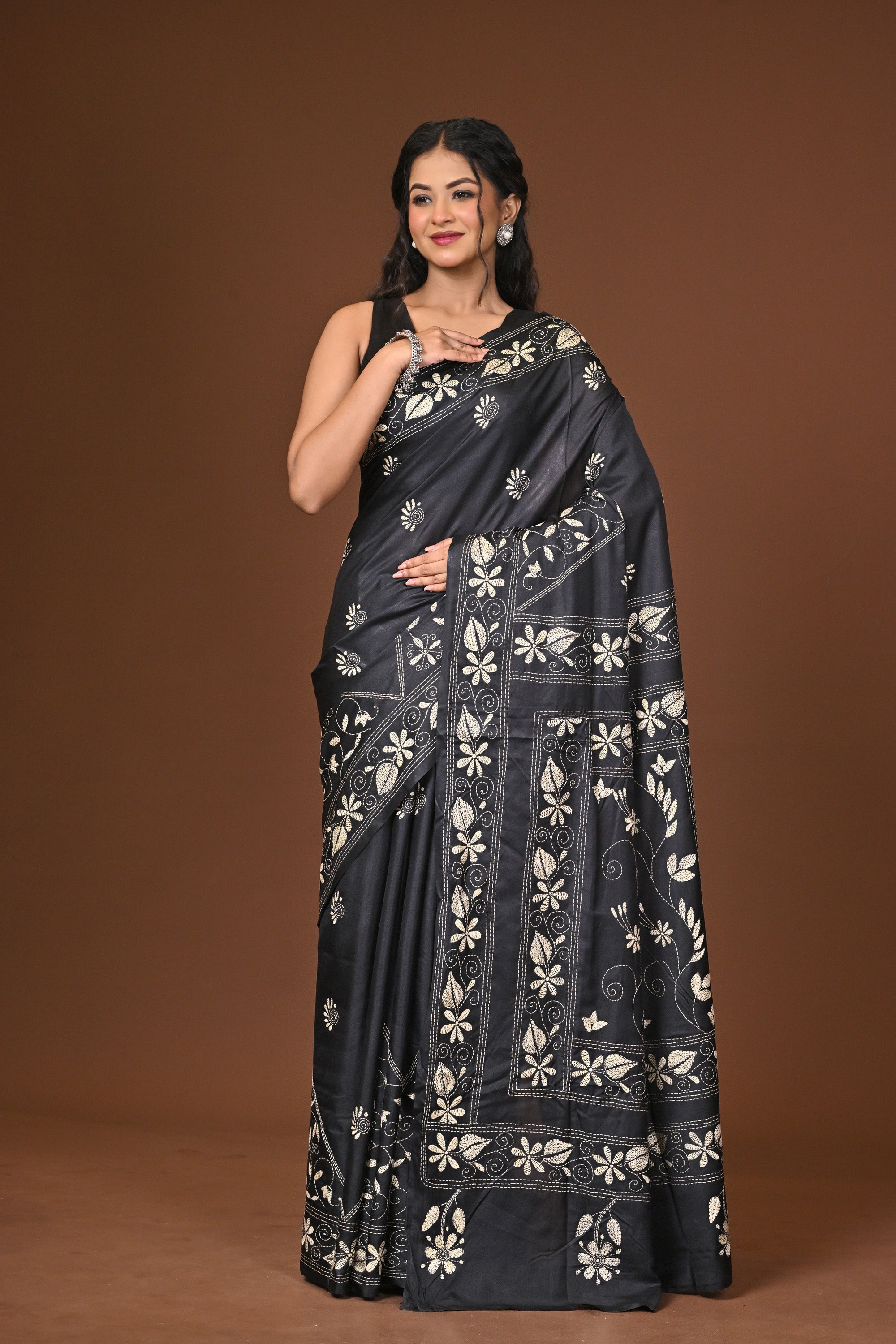 Blended Silk Kantha Stitch Saree Black Thumbnail