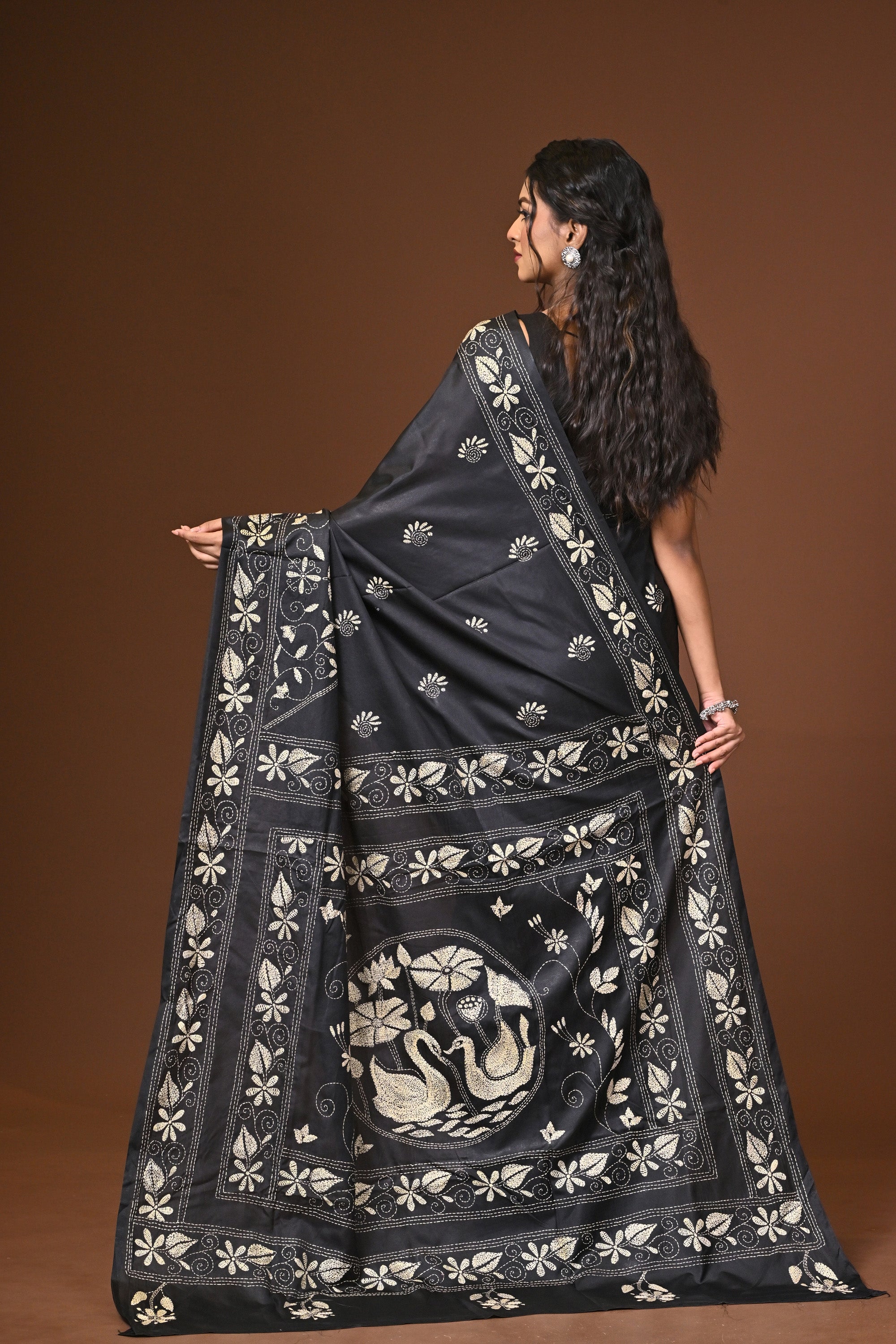 Blended Silk Kantha Stitch Saree Black Thumbnail