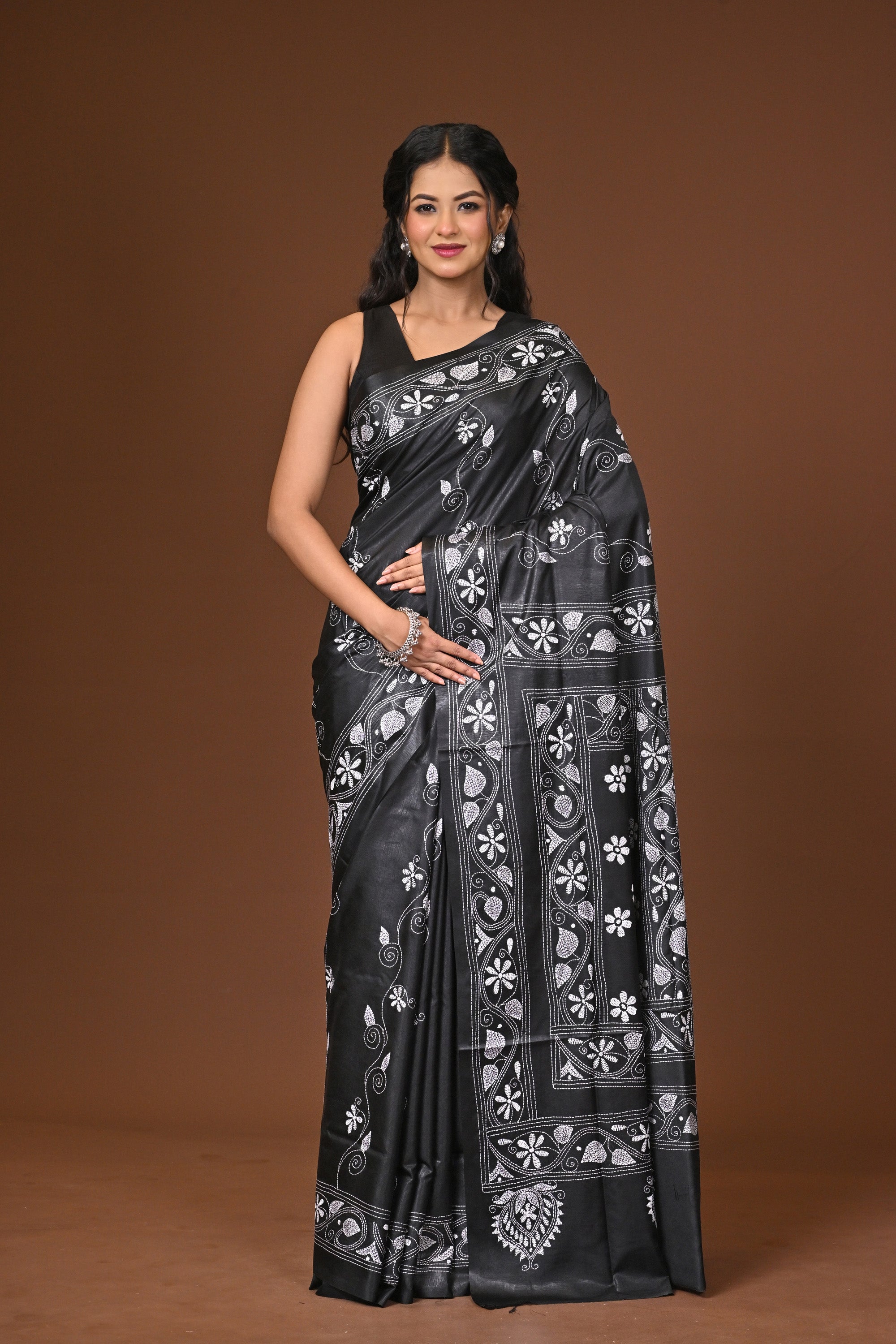 Blended Silk Kantha Stitch Saree Black Thumbnail