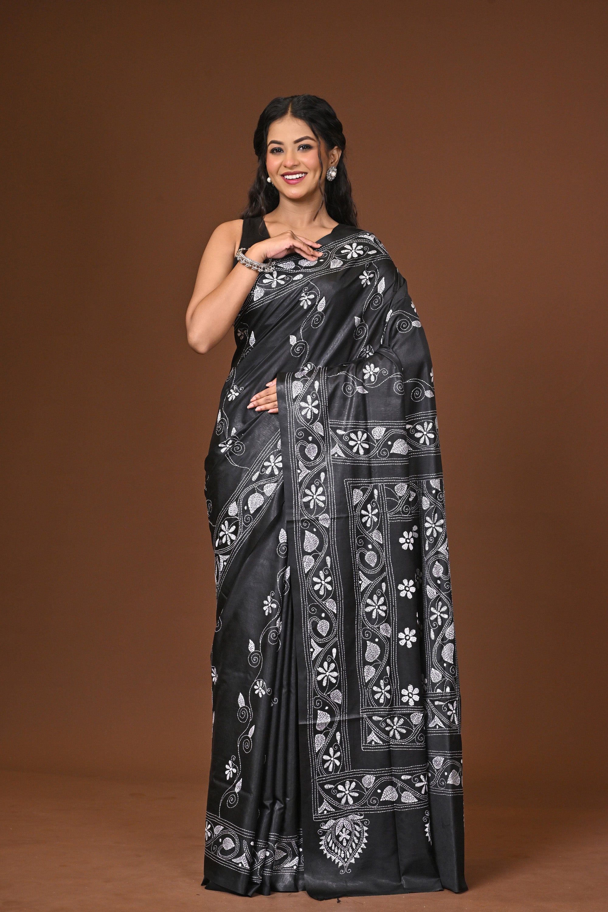 Blended Silk Kantha Stitch Saree Black Thumbnail