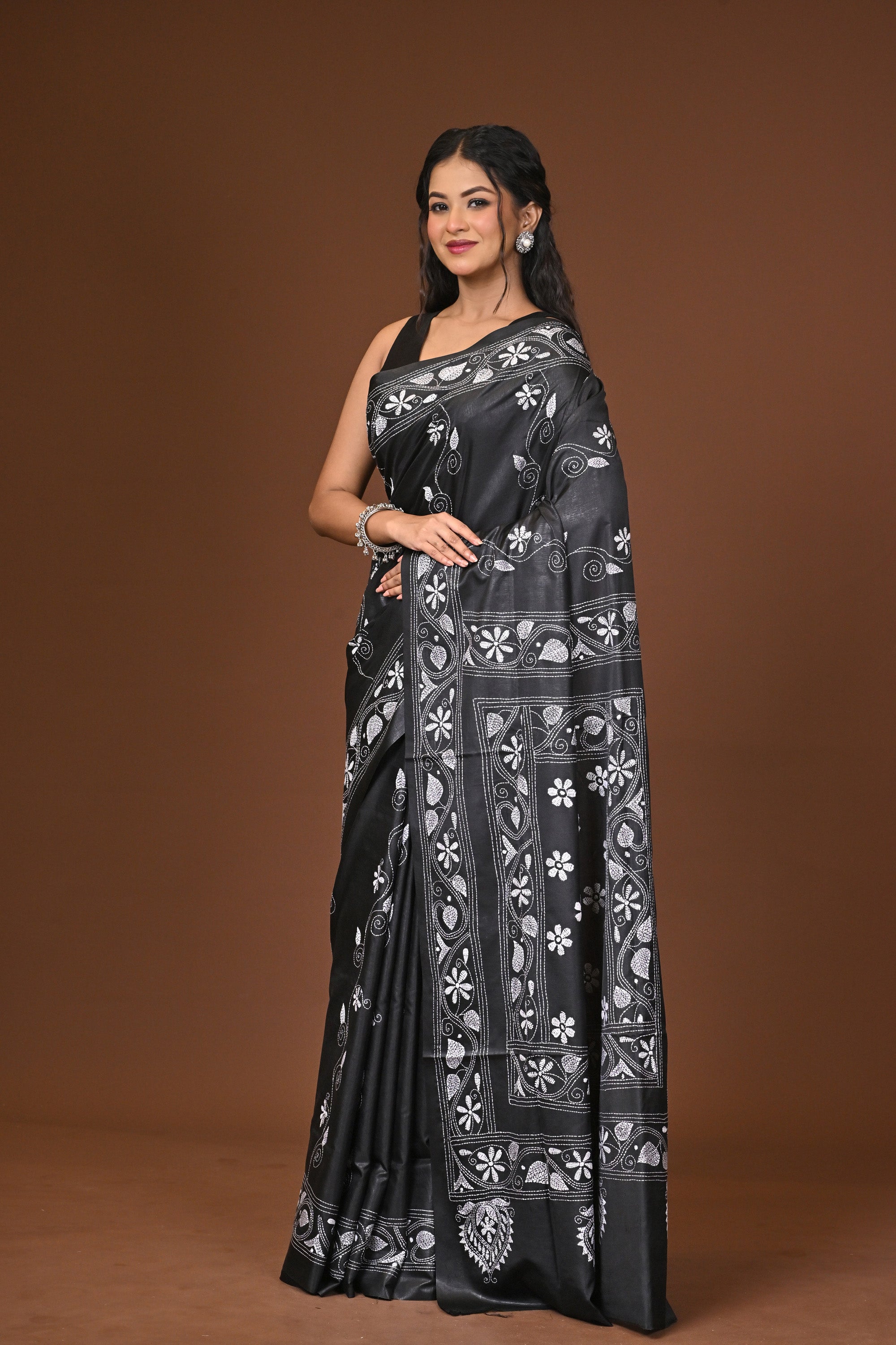 Blended Silk Kantha Stitch Saree Black Thumbnail