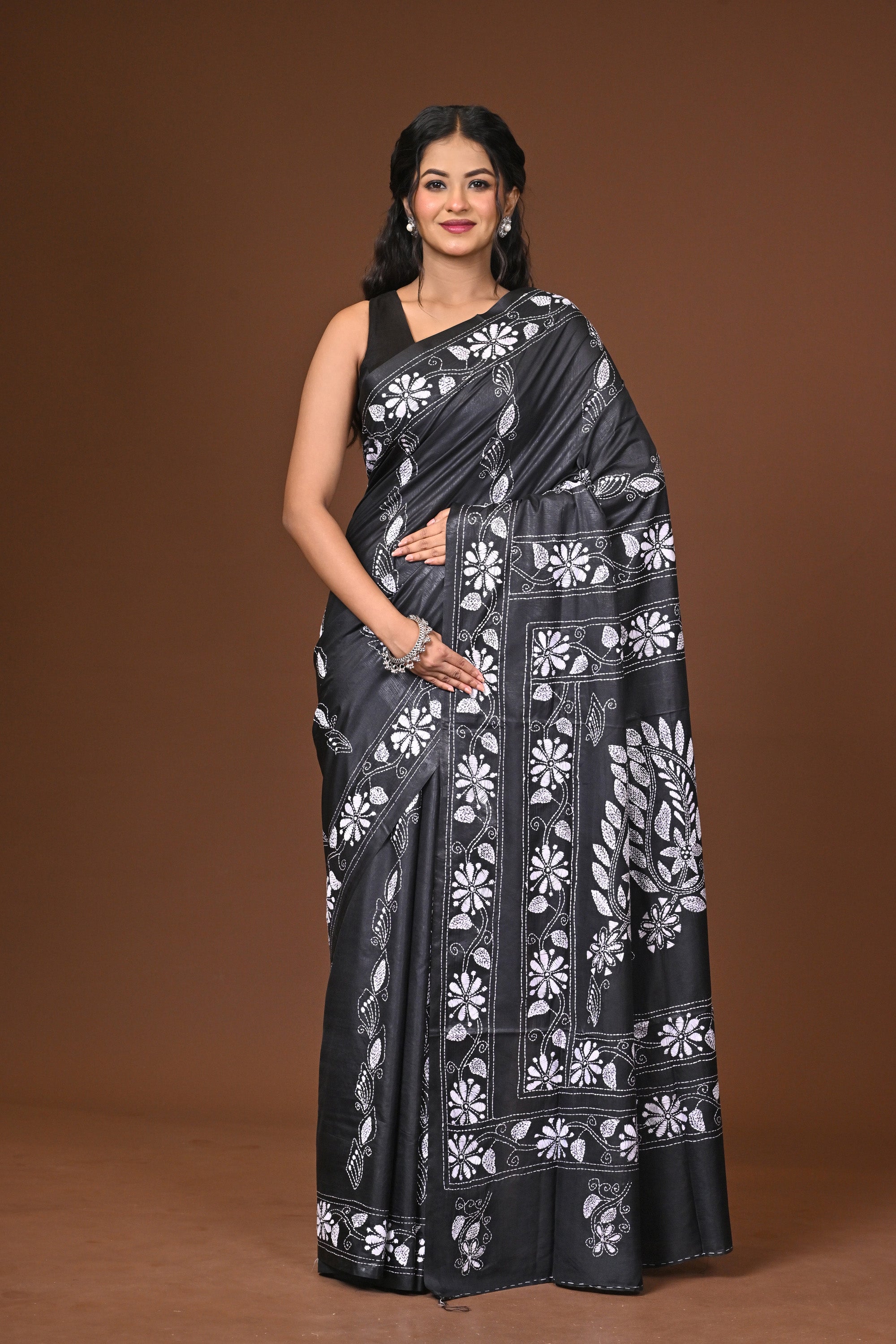 Blended Silk Kantha Stitch Saree Black