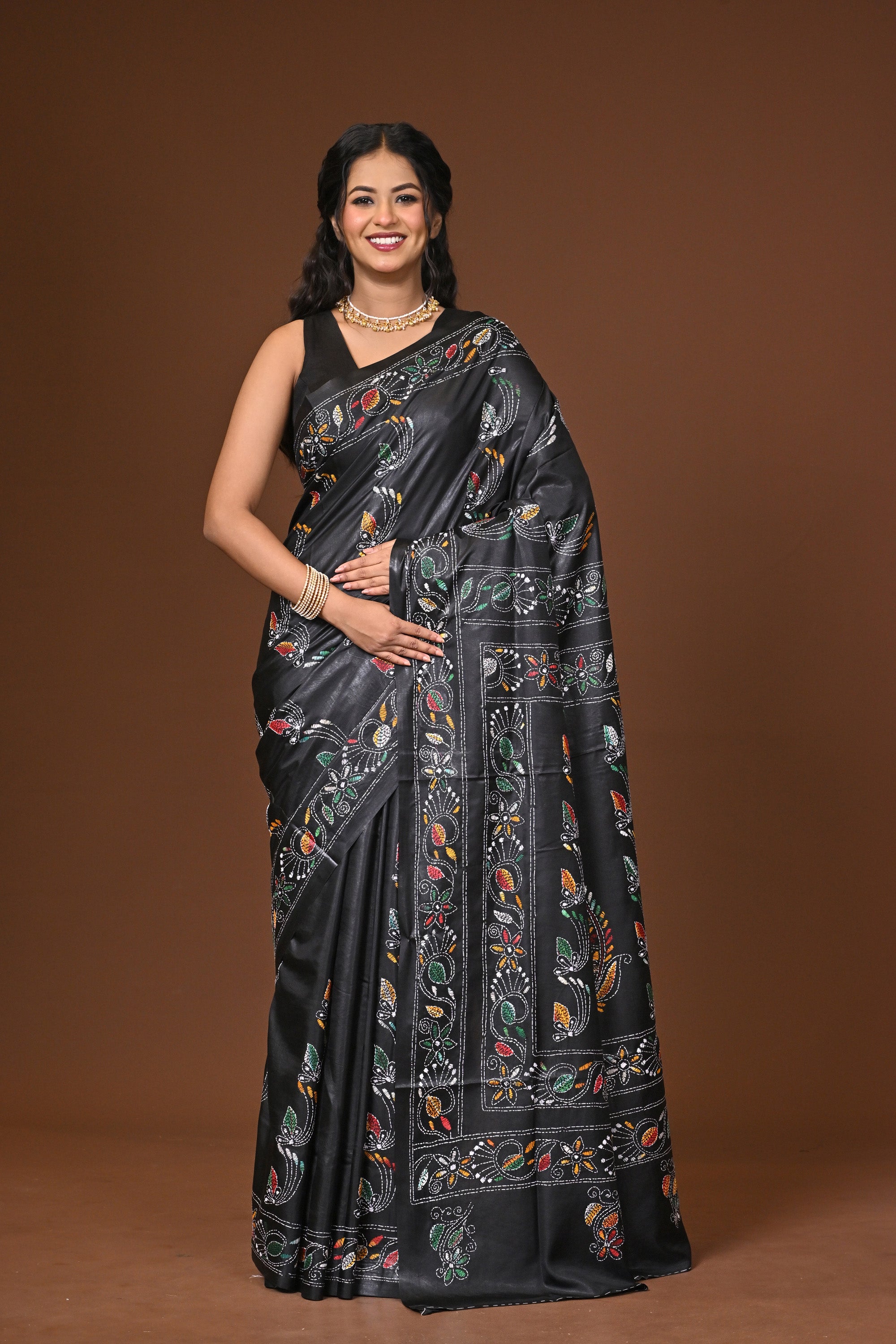 Blended Silk Kantha Stitch Saree Black