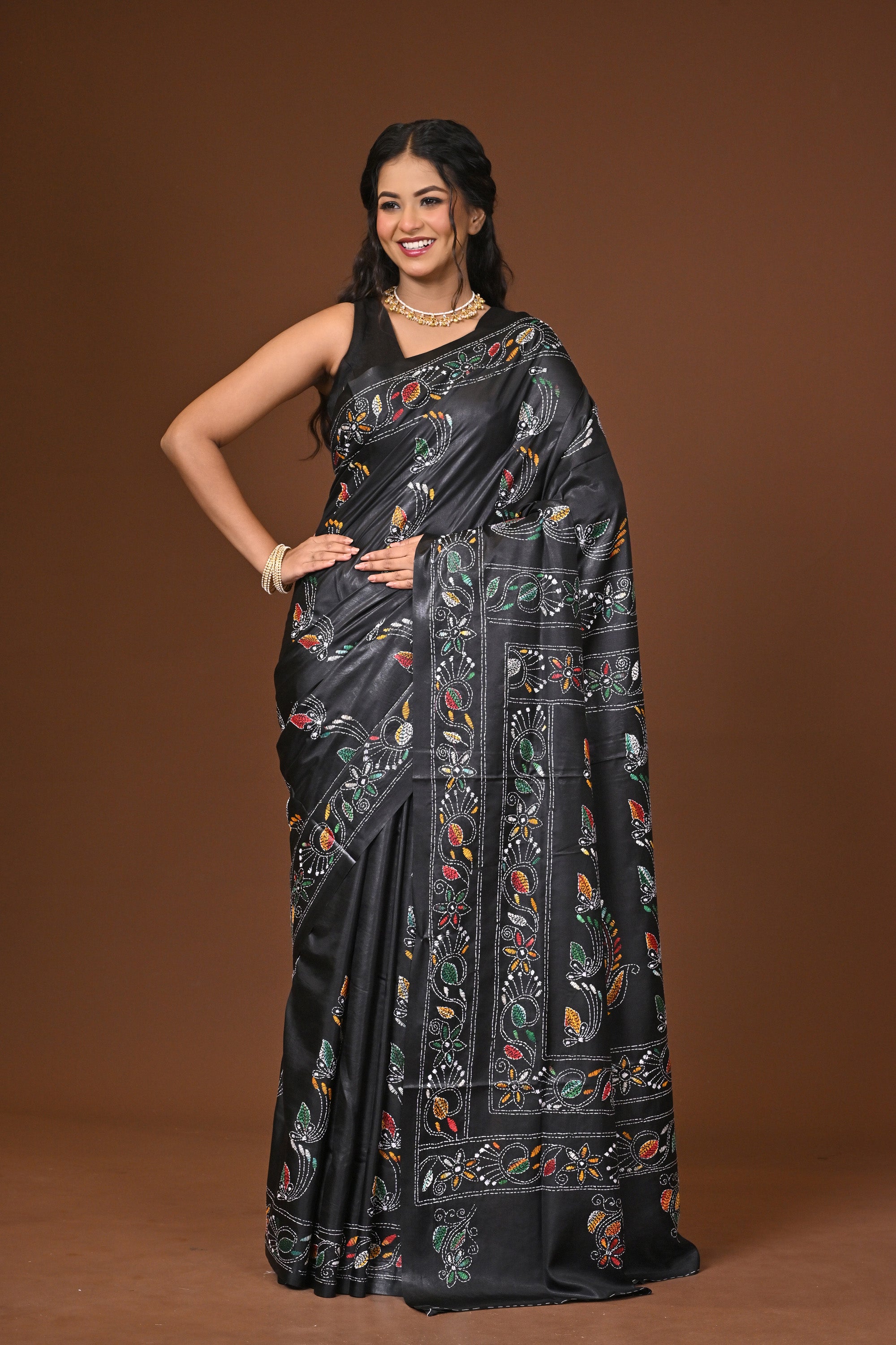 Blended Silk Kantha Stitch Saree Black Thumbnail