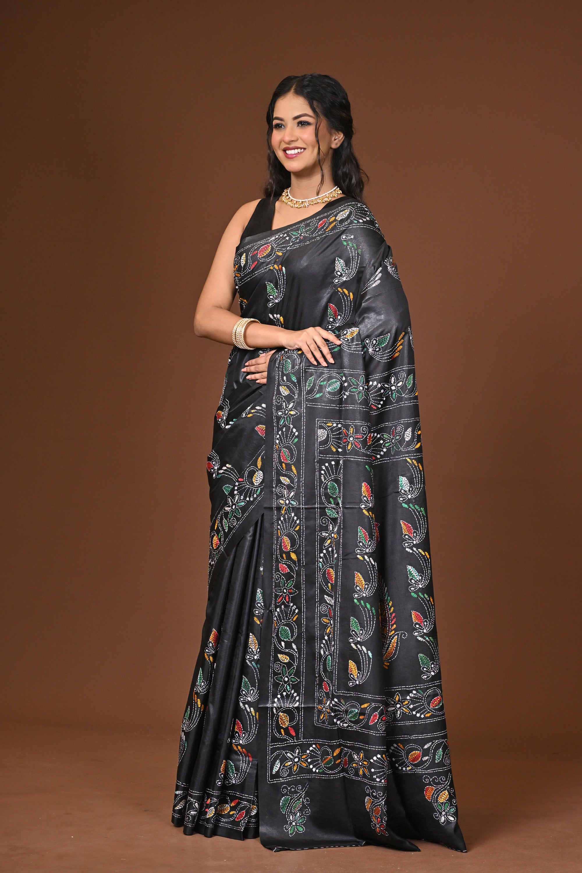 Blended Silk Kantha Stitch Saree Black Thumbnail