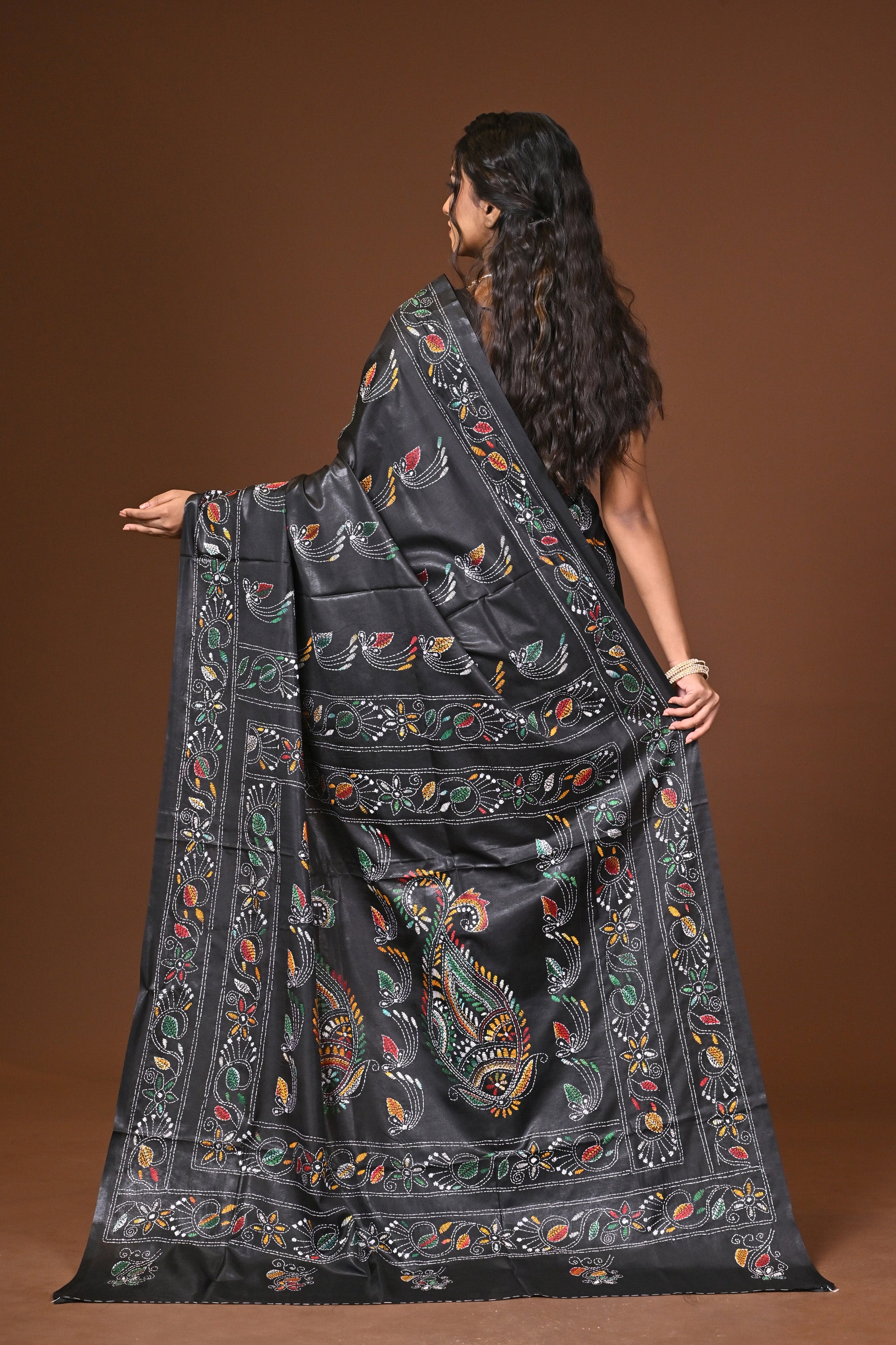 Blended Silk Kantha Stitch Saree Black Thumbnail