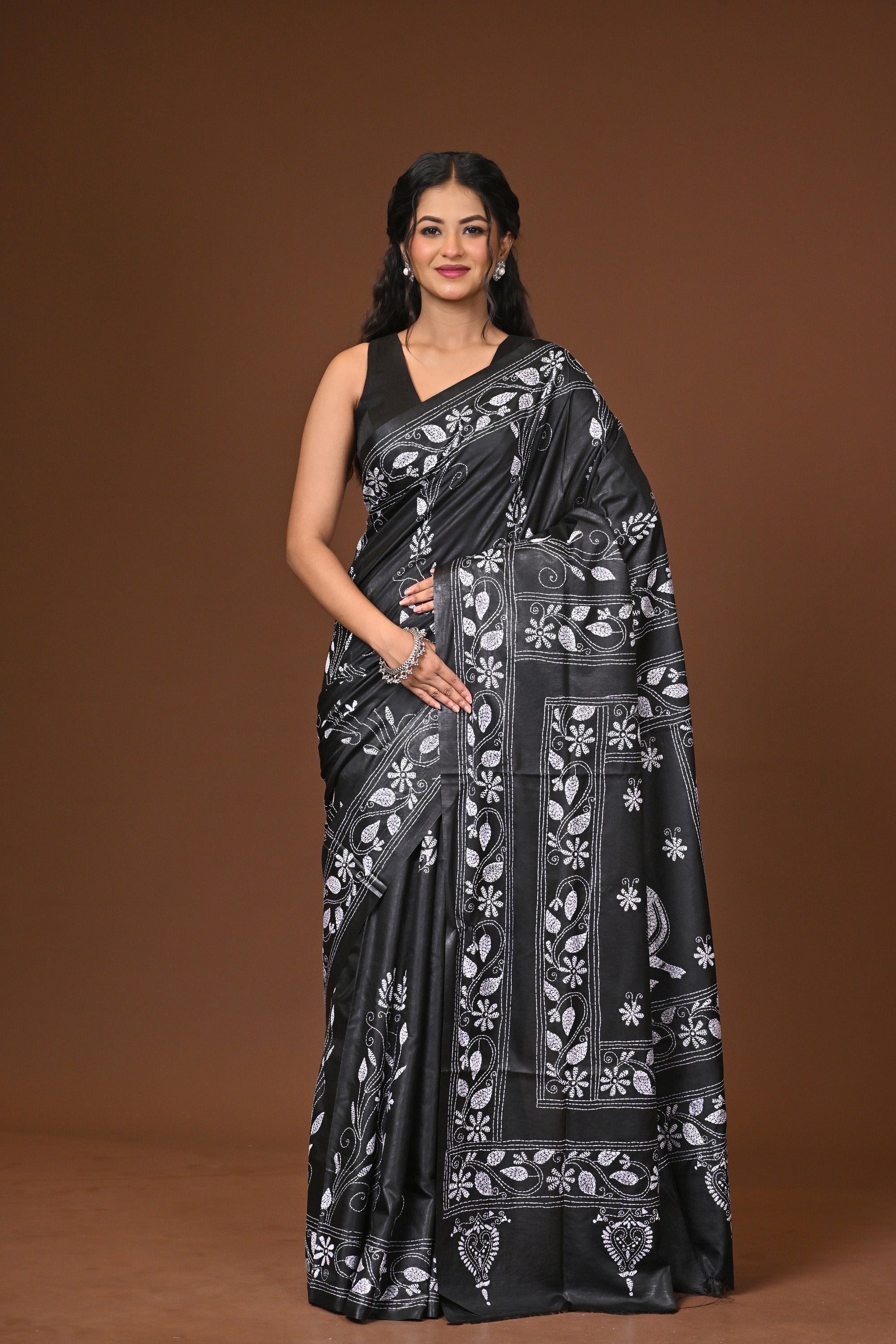 Blended Silk Kantha Stitch Saree Black