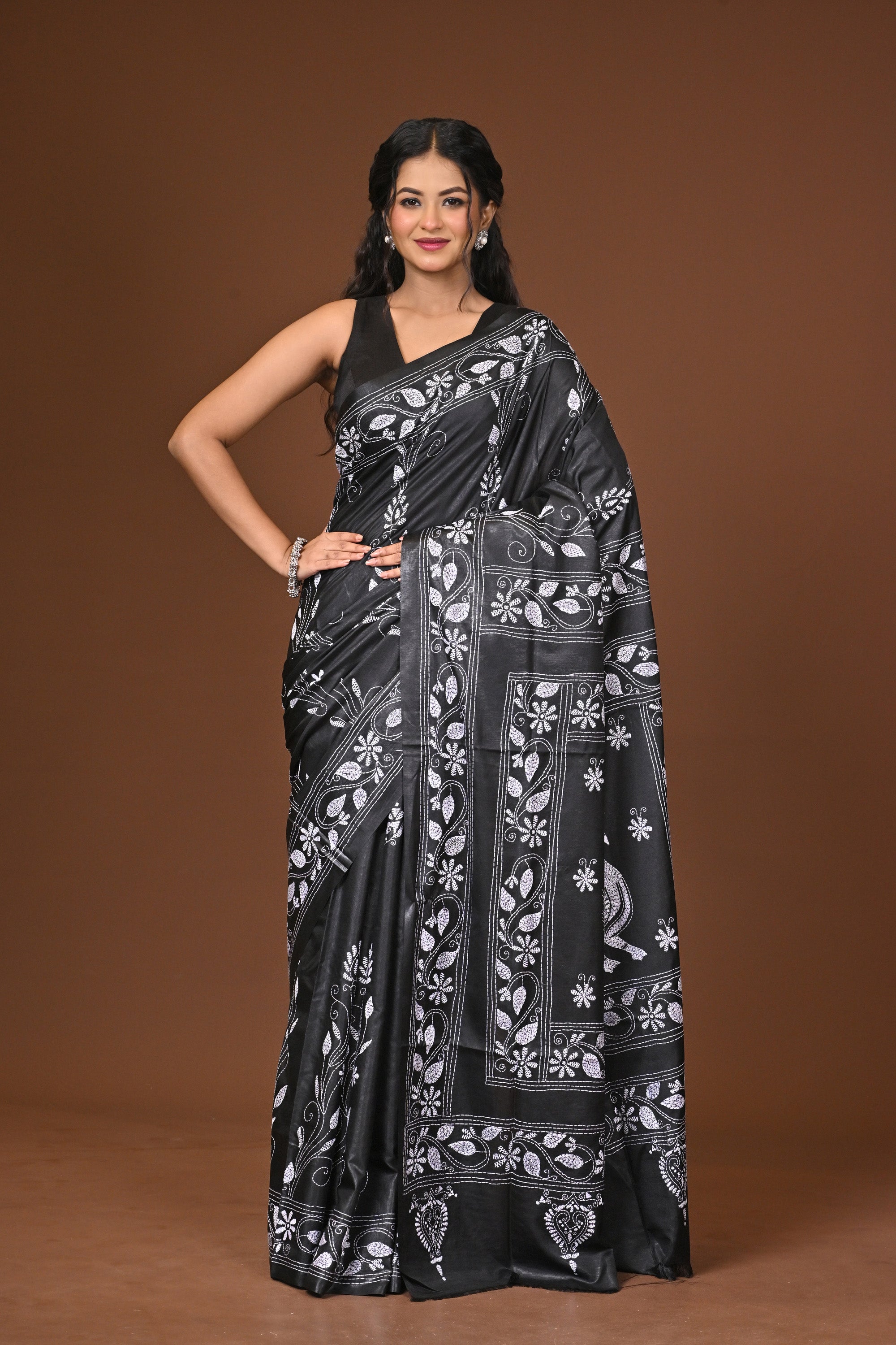 Blended Silk Kantha Stitch Saree Black Thumbnail