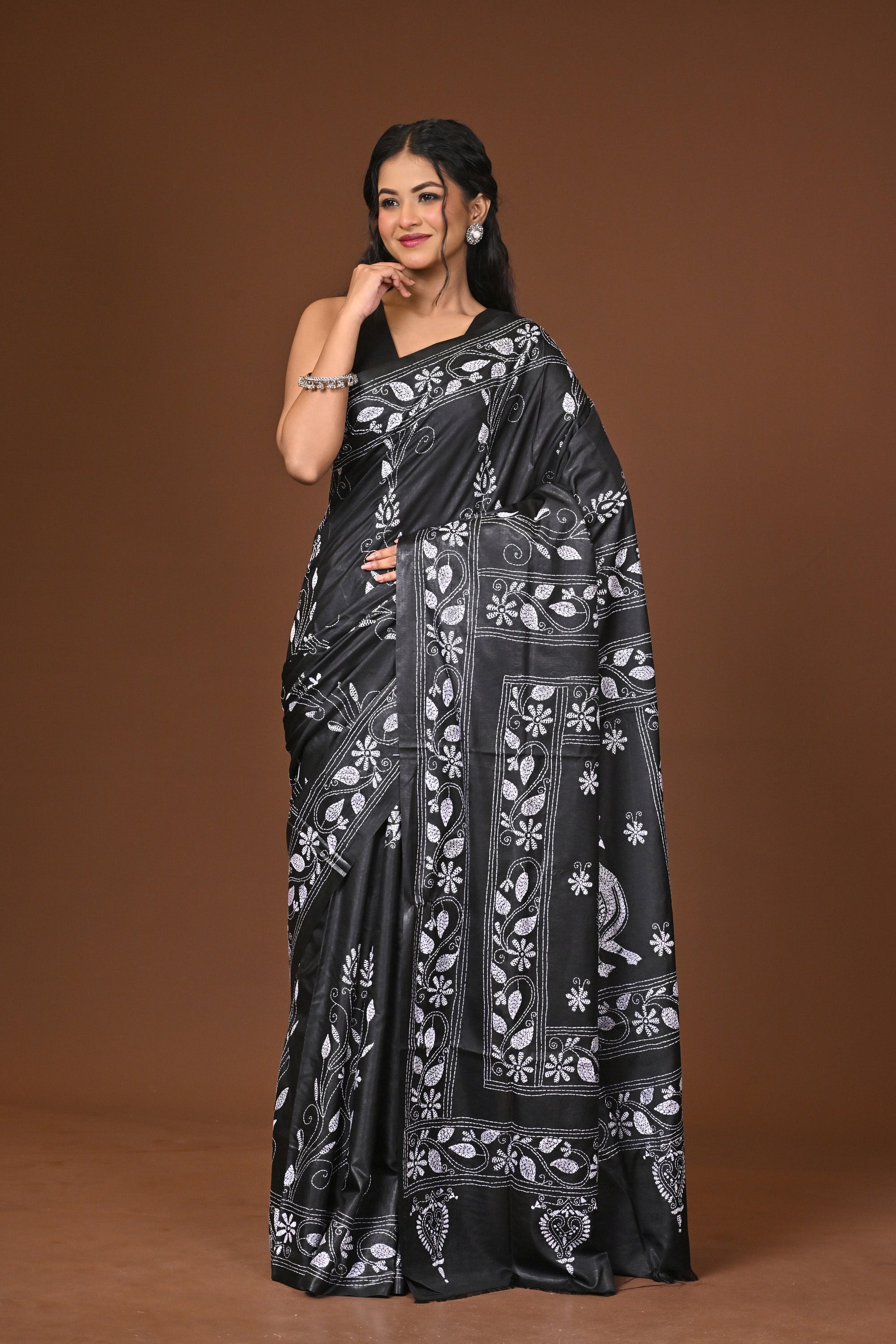 Blended Silk Kantha Stitch Saree Black Thumbnail