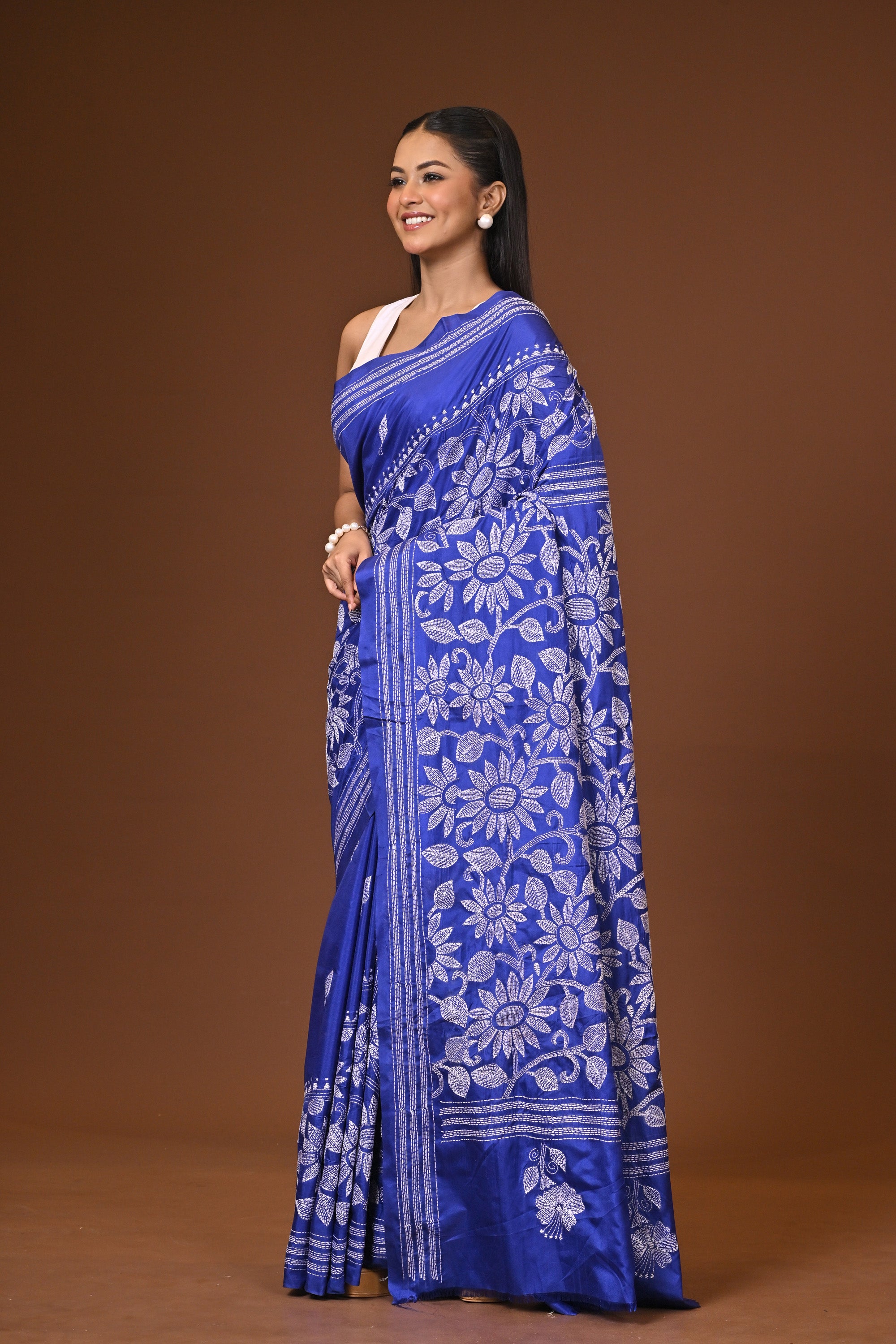 Blended Silk Kantha Stitch Saree Blue Thumbnail