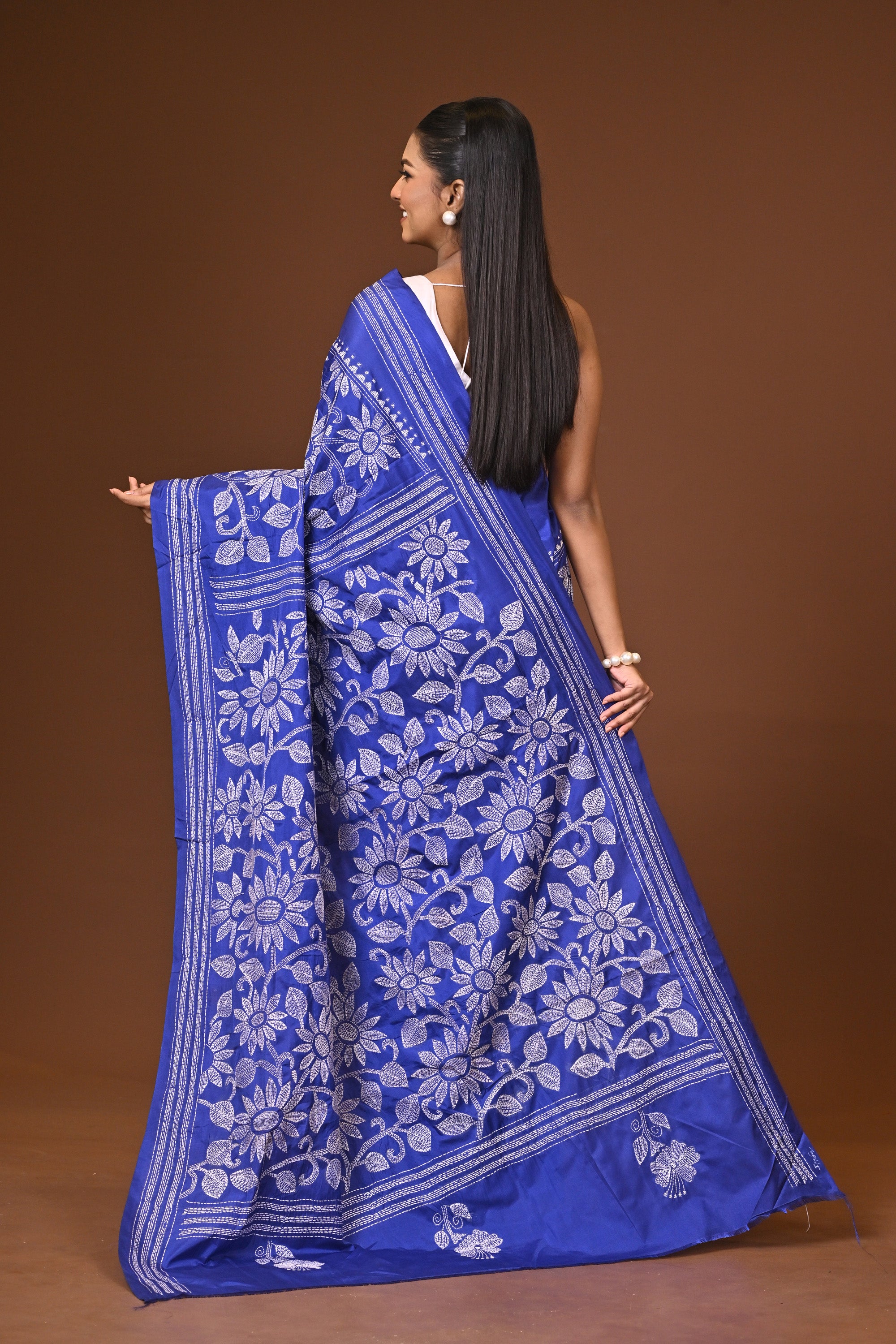 Blended Silk Kantha Stitch Saree Blue Thumbnail
