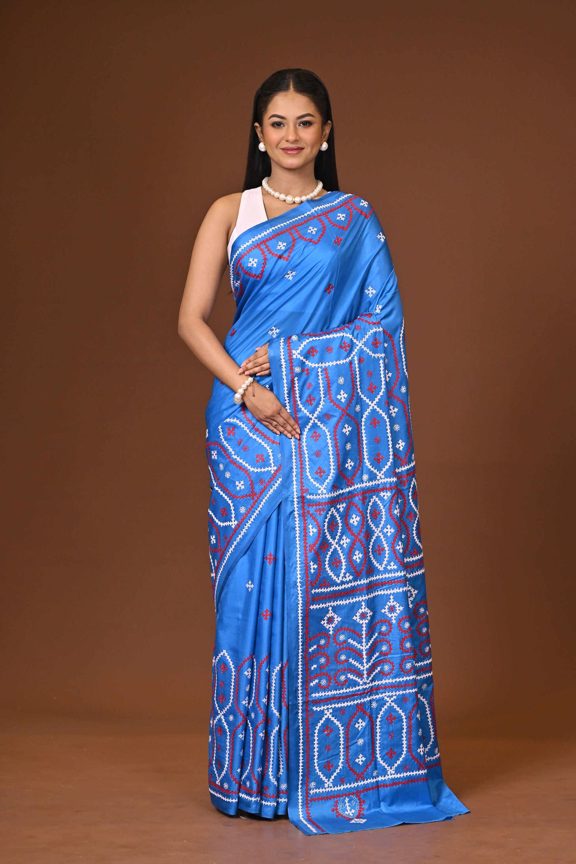 Blended Silk Kantha Stitch Saree Blue
