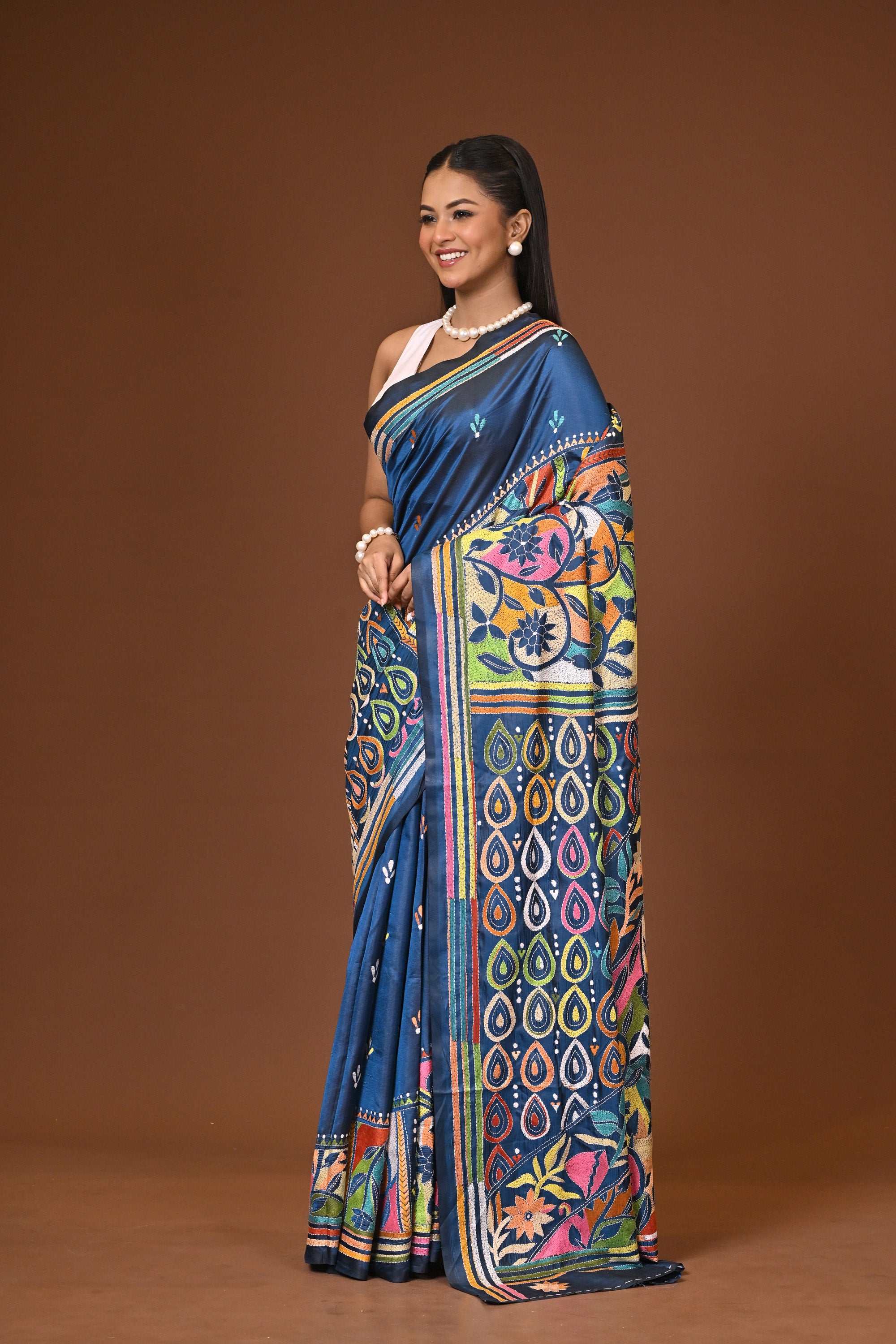 Blended Silk Kantha Stitch Saree Blue Thumbnail