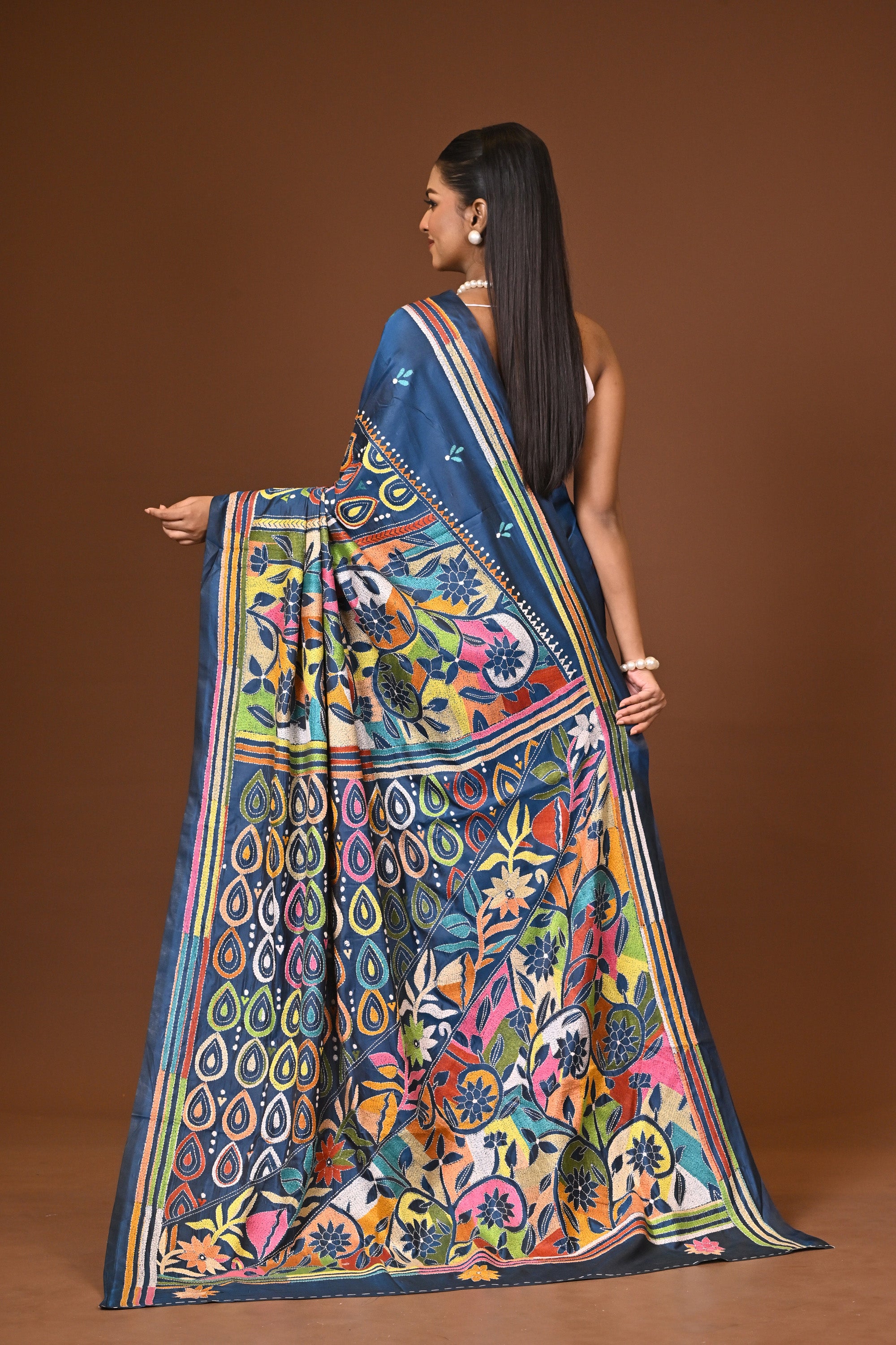 Blended Silk Kantha Stitch Saree Blue Thumbnail