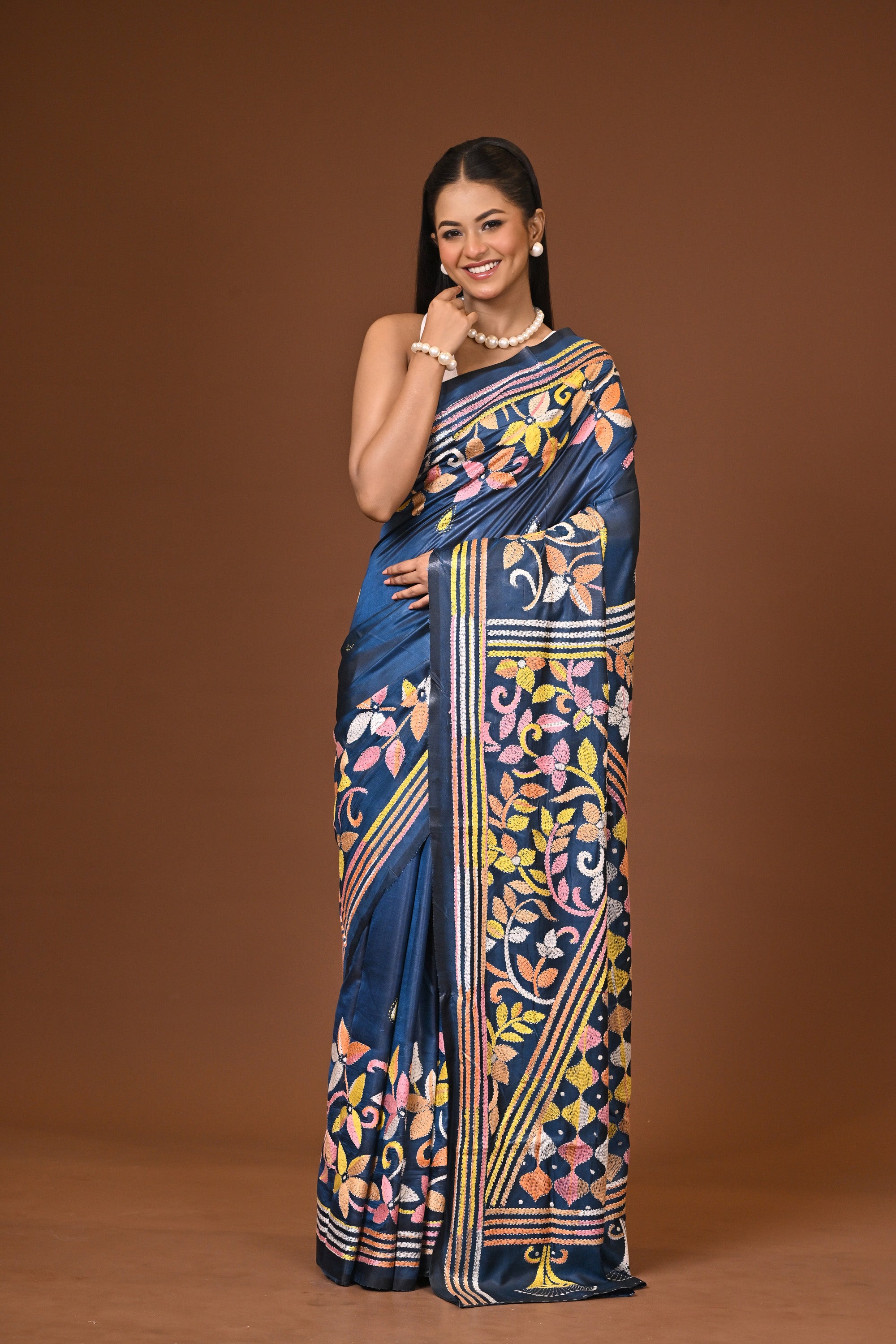 Blended Silk Kantha Stitch Saree Blue Thumbnail