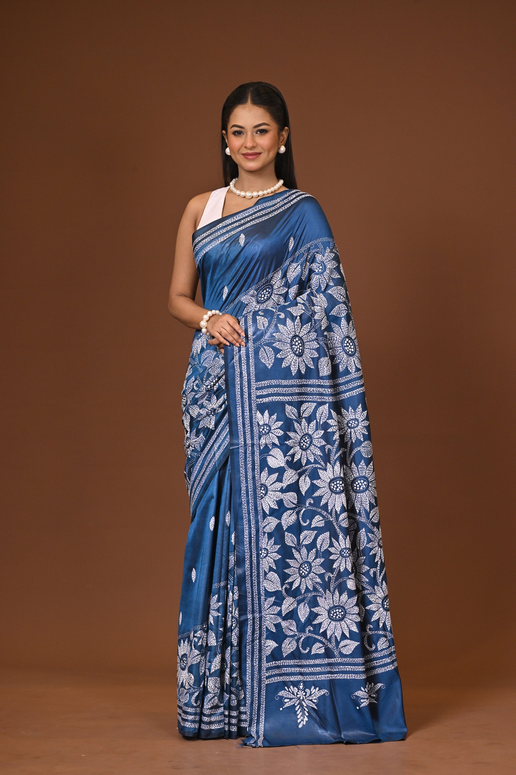Blended Silk Kantha Stitch Saree Blue