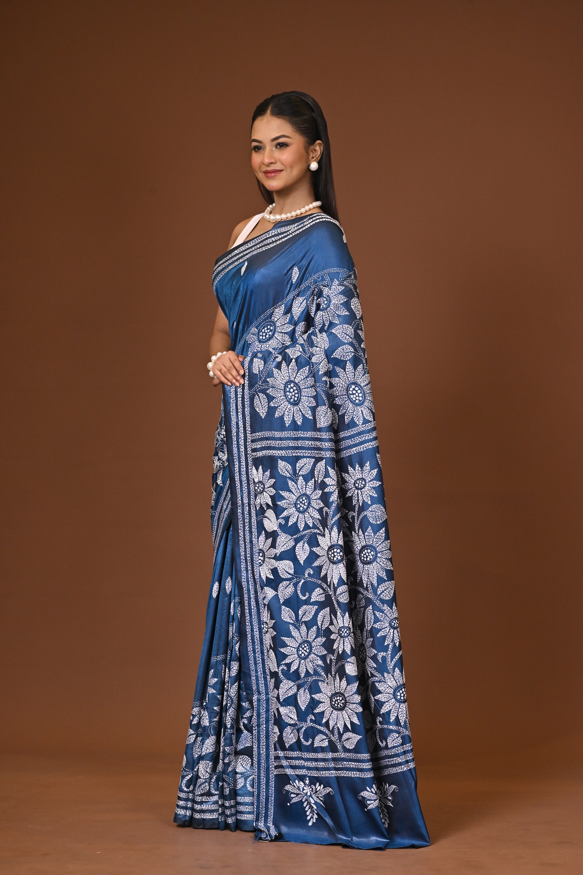 Blended Silk Kantha Stitch Saree Blue Thumbnail
