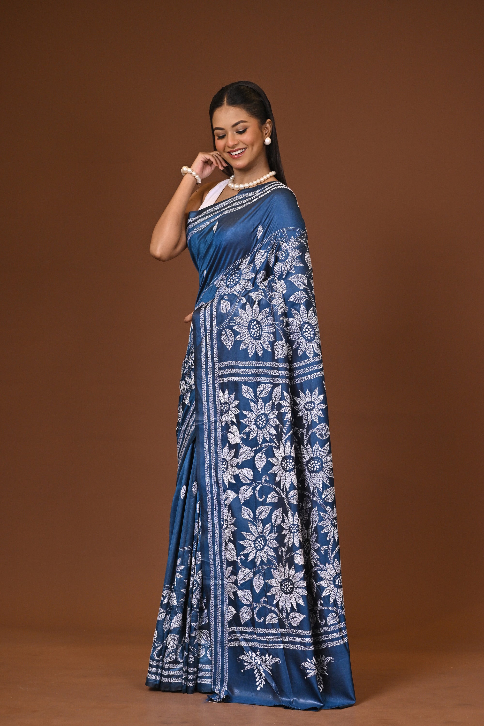 Blended Silk Kantha Stitch Saree Blue Thumbnail