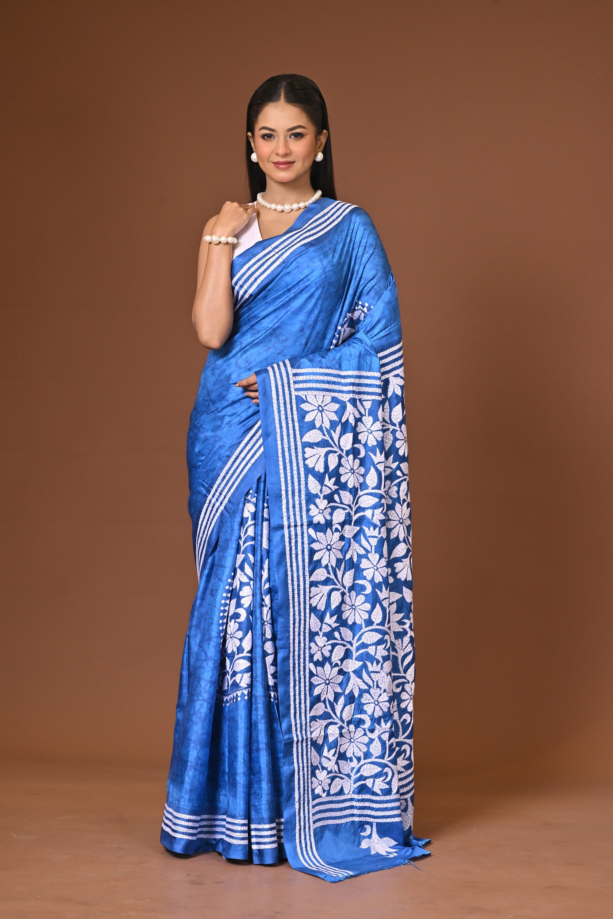 Blended Silk Kantha Stitch Saree Blue Thumbnail