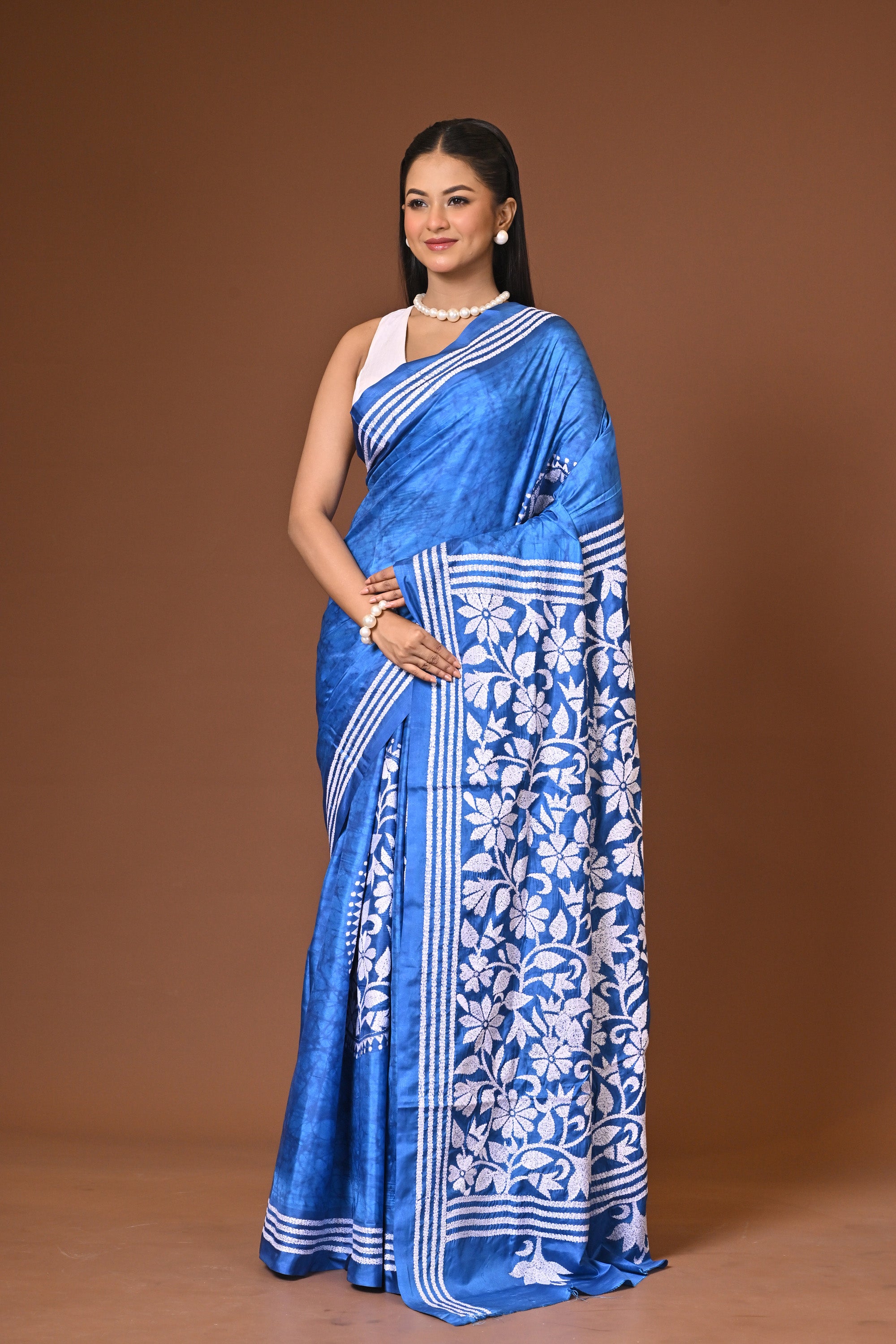 Blended Silk Kantha Stitch Saree Blue Thumbnail