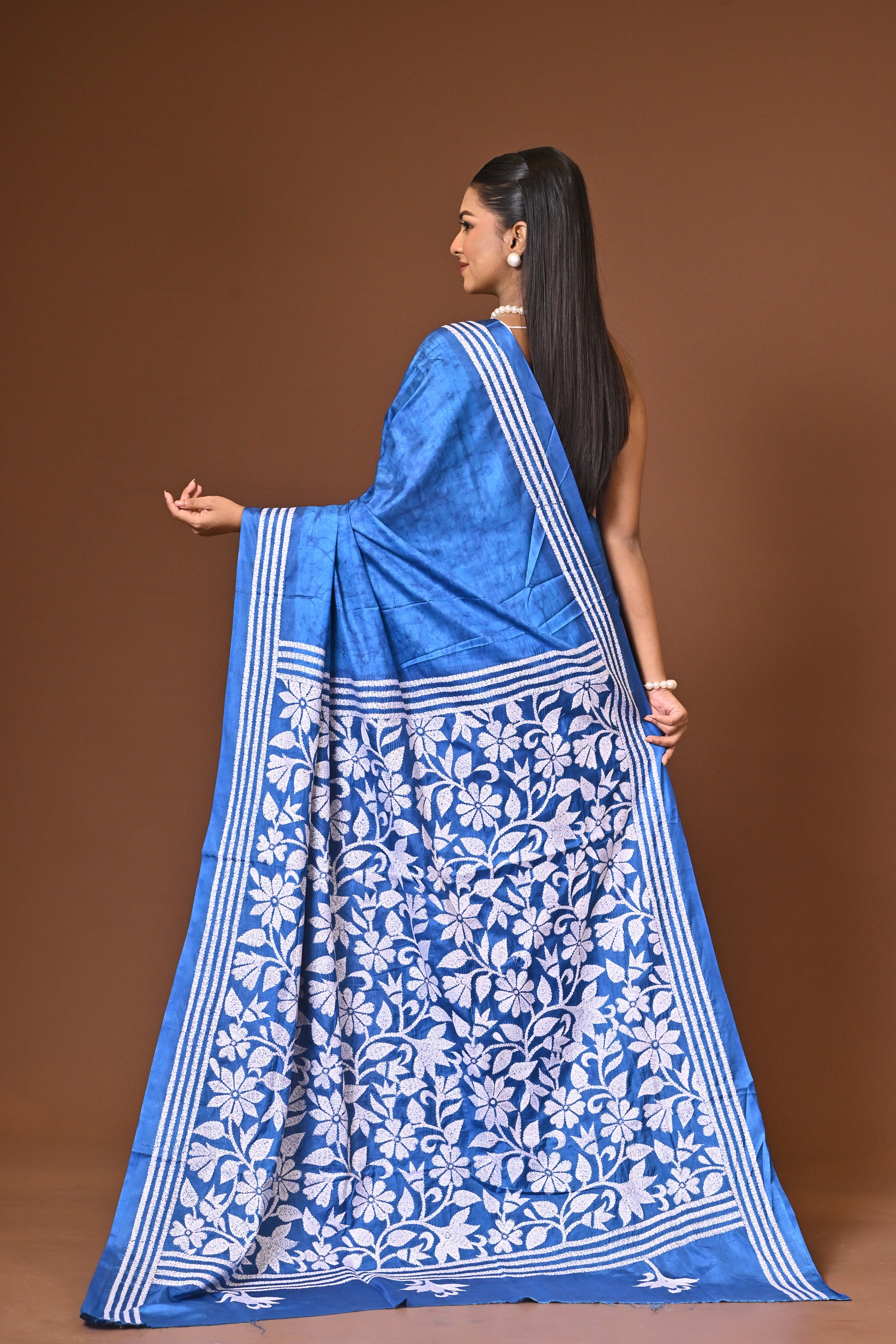 Blended Silk Kantha Stitch Saree Blue Thumbnail