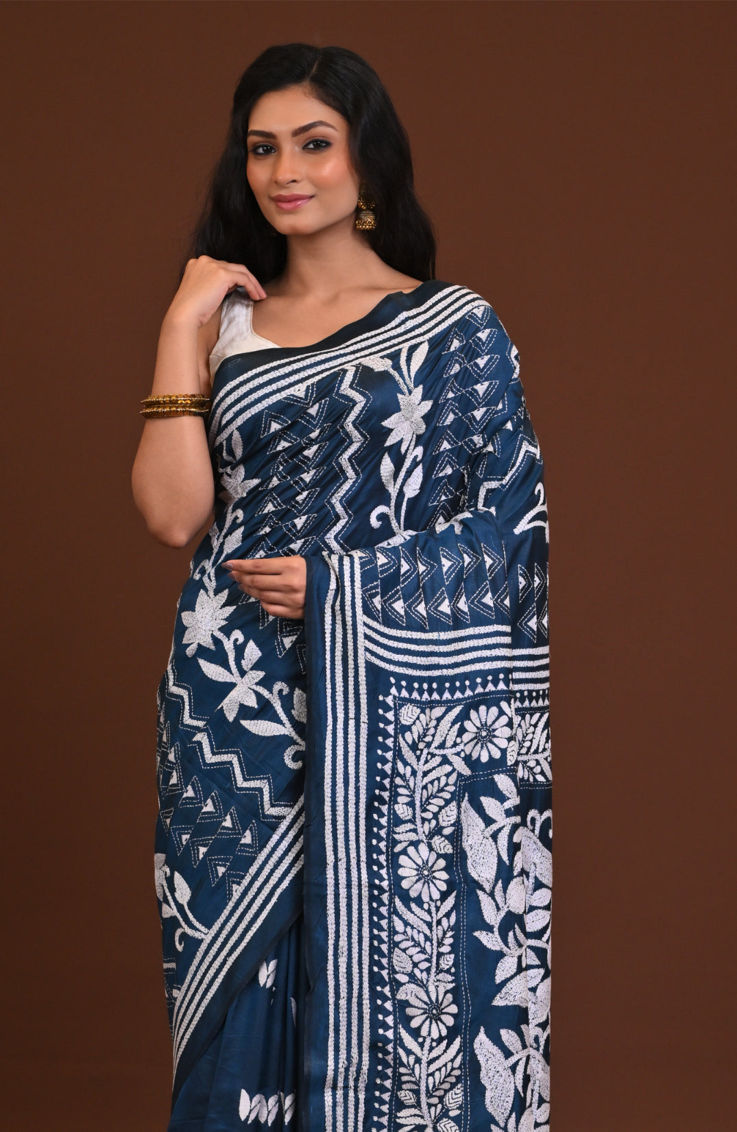 Blended Silk Kantha Stitch Saree Blue