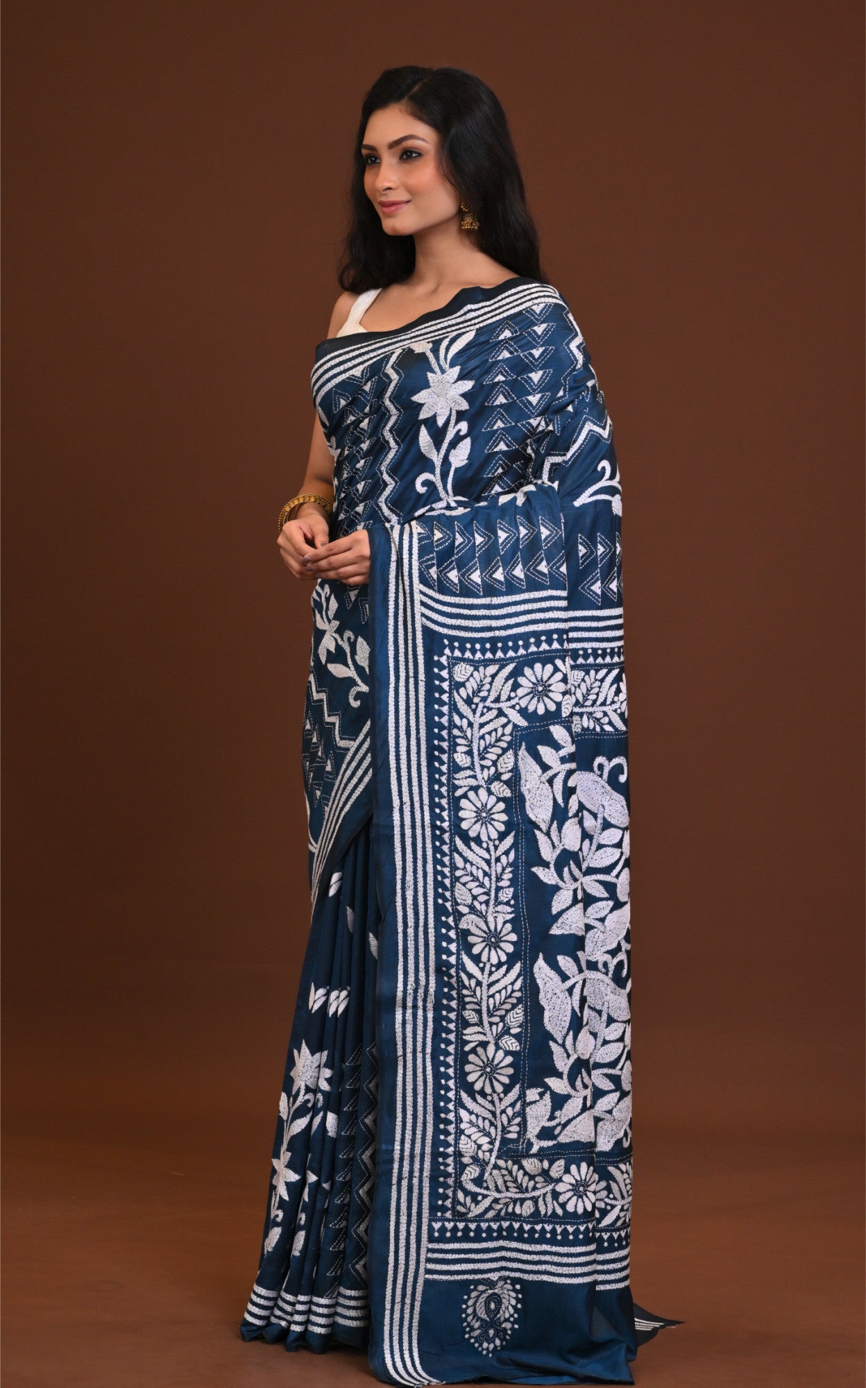 Blended Silk Kantha Stitch Saree Blue Thumbnail