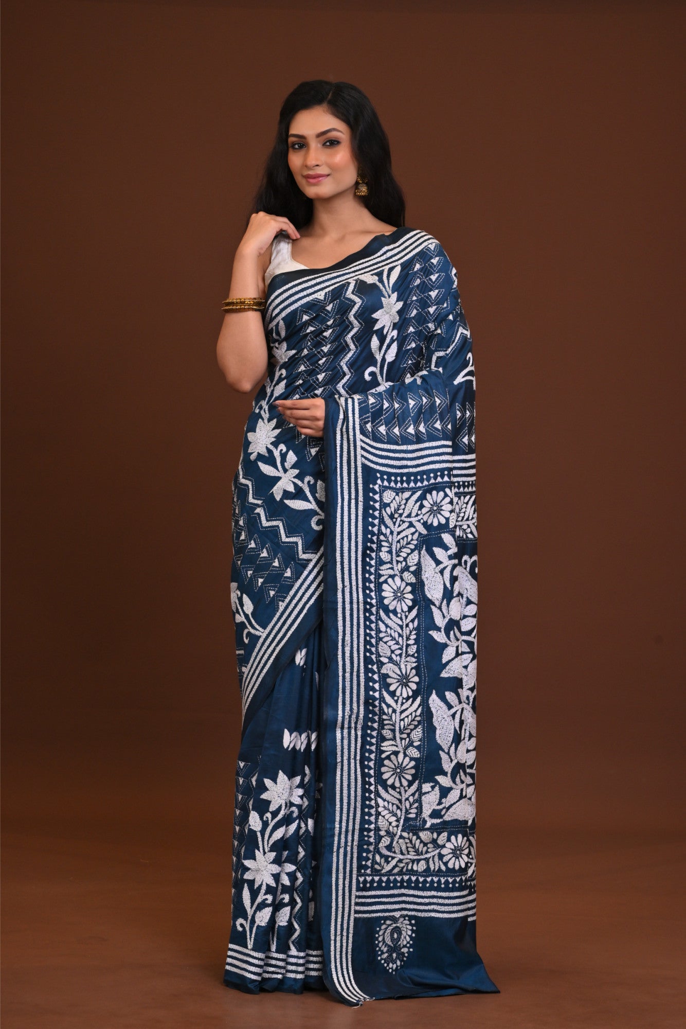 Blended Silk Kantha Stitch Saree Blue Thumbnail