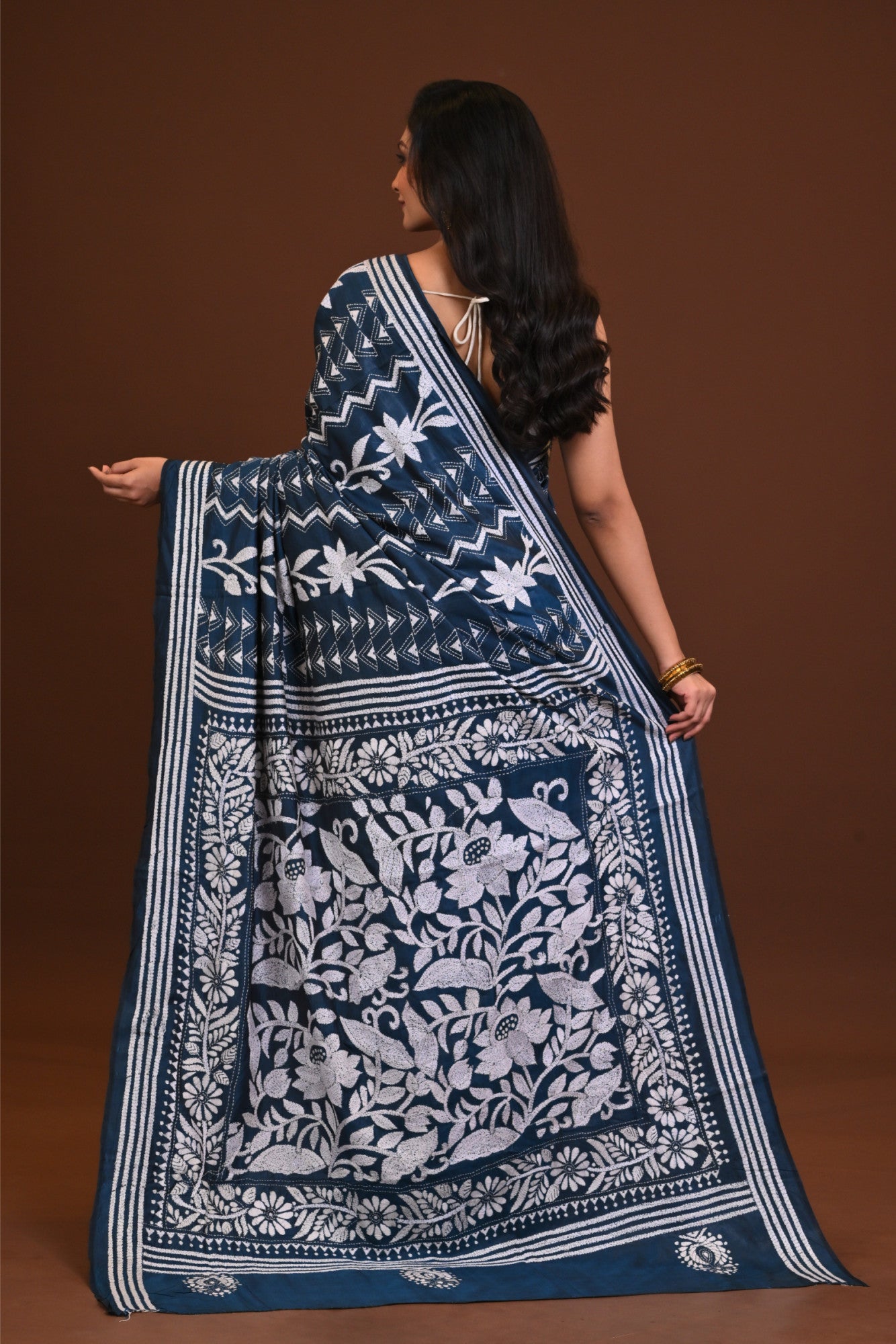 Blended Silk Kantha Stitch Saree Blue Thumbnail