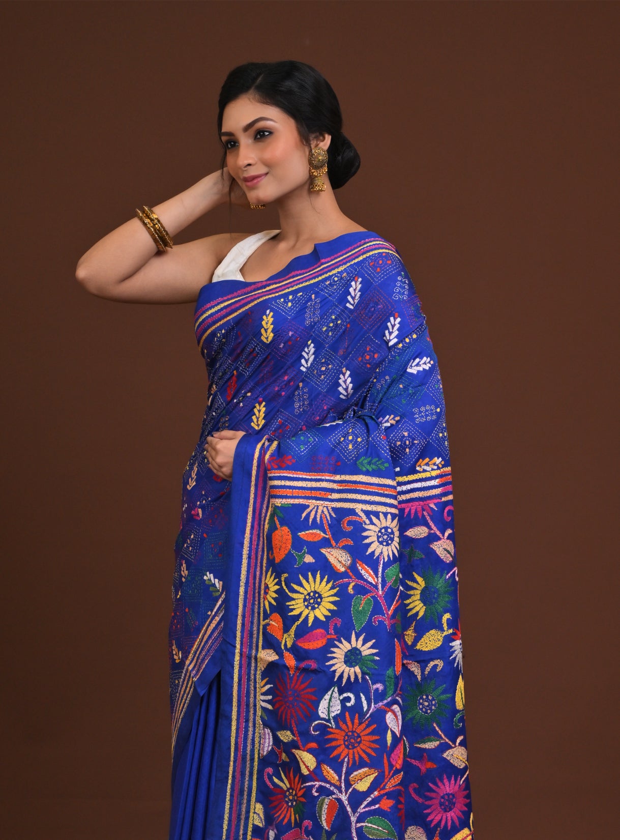 Blended Silk Kantha Stitch Saree Blue Thumbnail