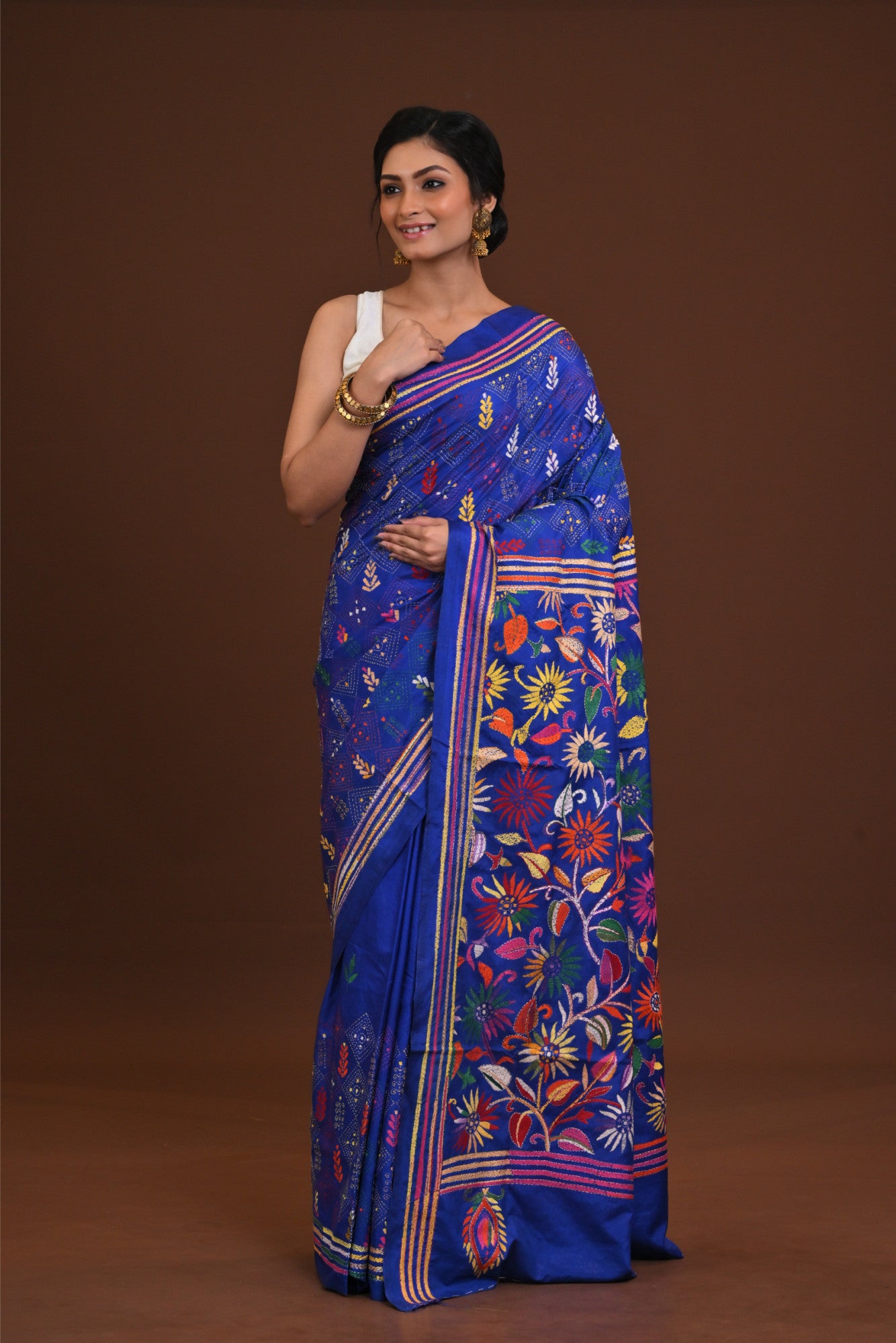Blended Silk Kantha Stitch Saree Blue Thumbnail