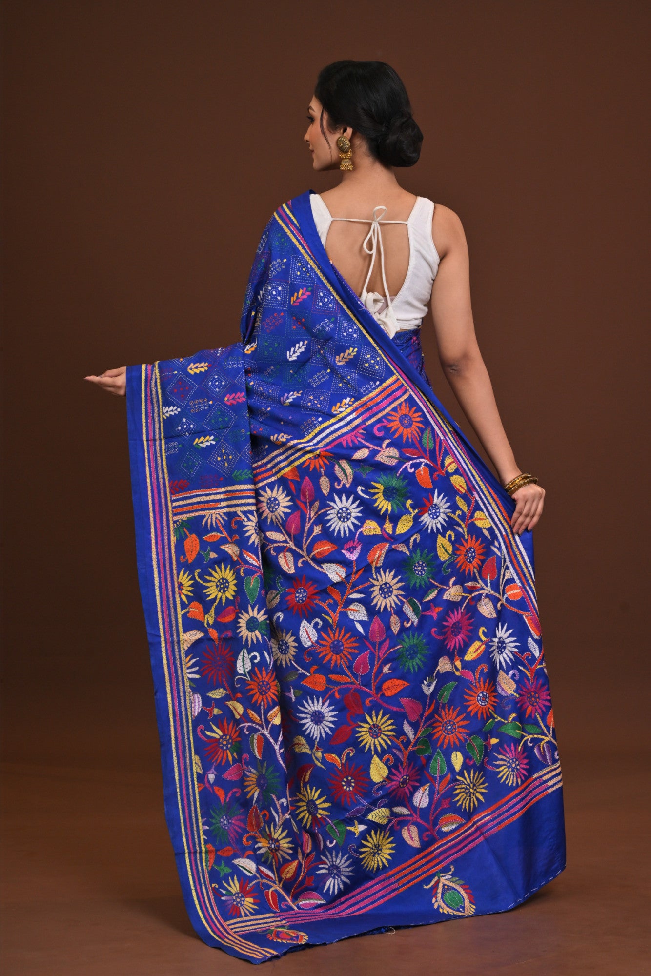 Blended Silk Kantha Stitch Saree Blue Thumbnail