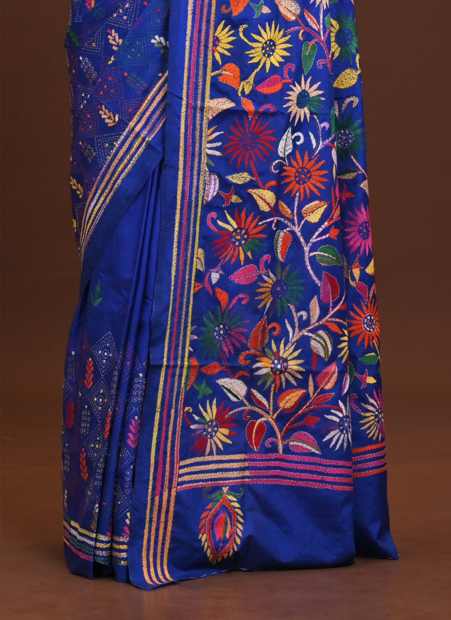 Blended Silk Kantha Stitch Saree Blue Thumbnail