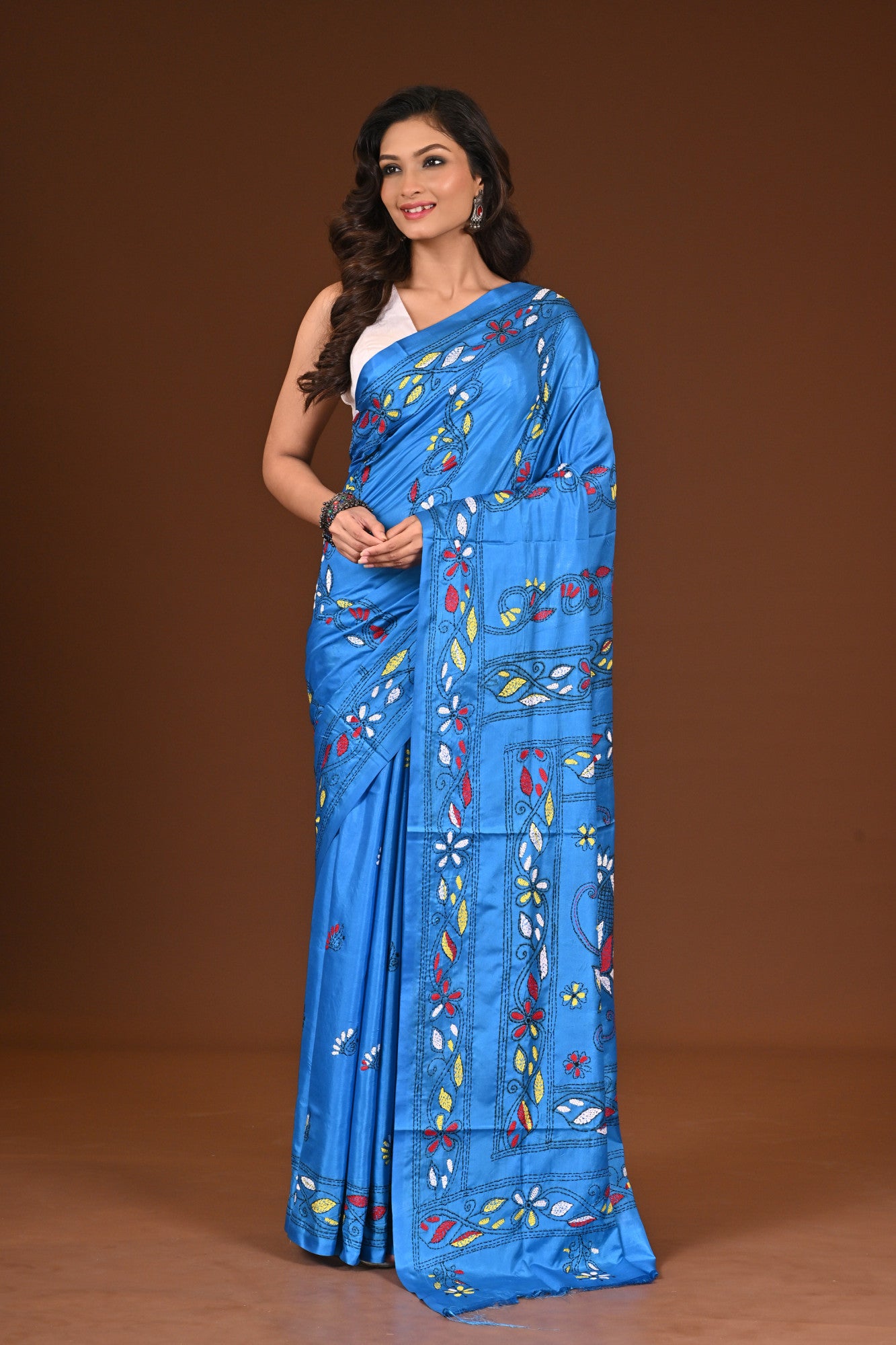 Blended Silk Kantha Stitch Saree Blue Thumbnail