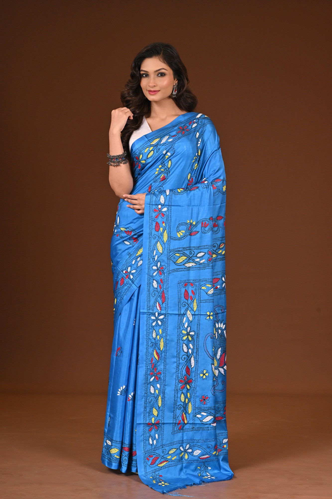 Blended Silk Kantha Stitch Saree Blue Thumbnail