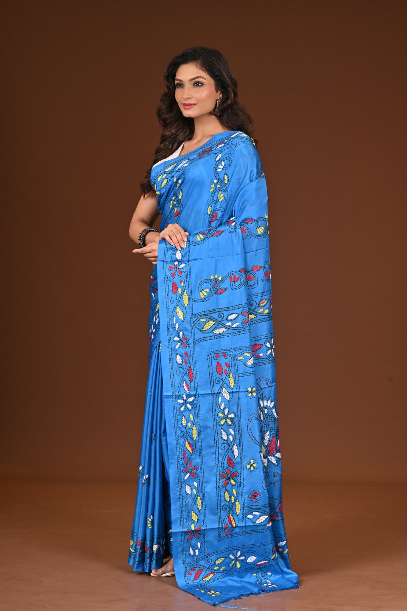 Blended Silk Kantha Stitch Saree Blue Thumbnail