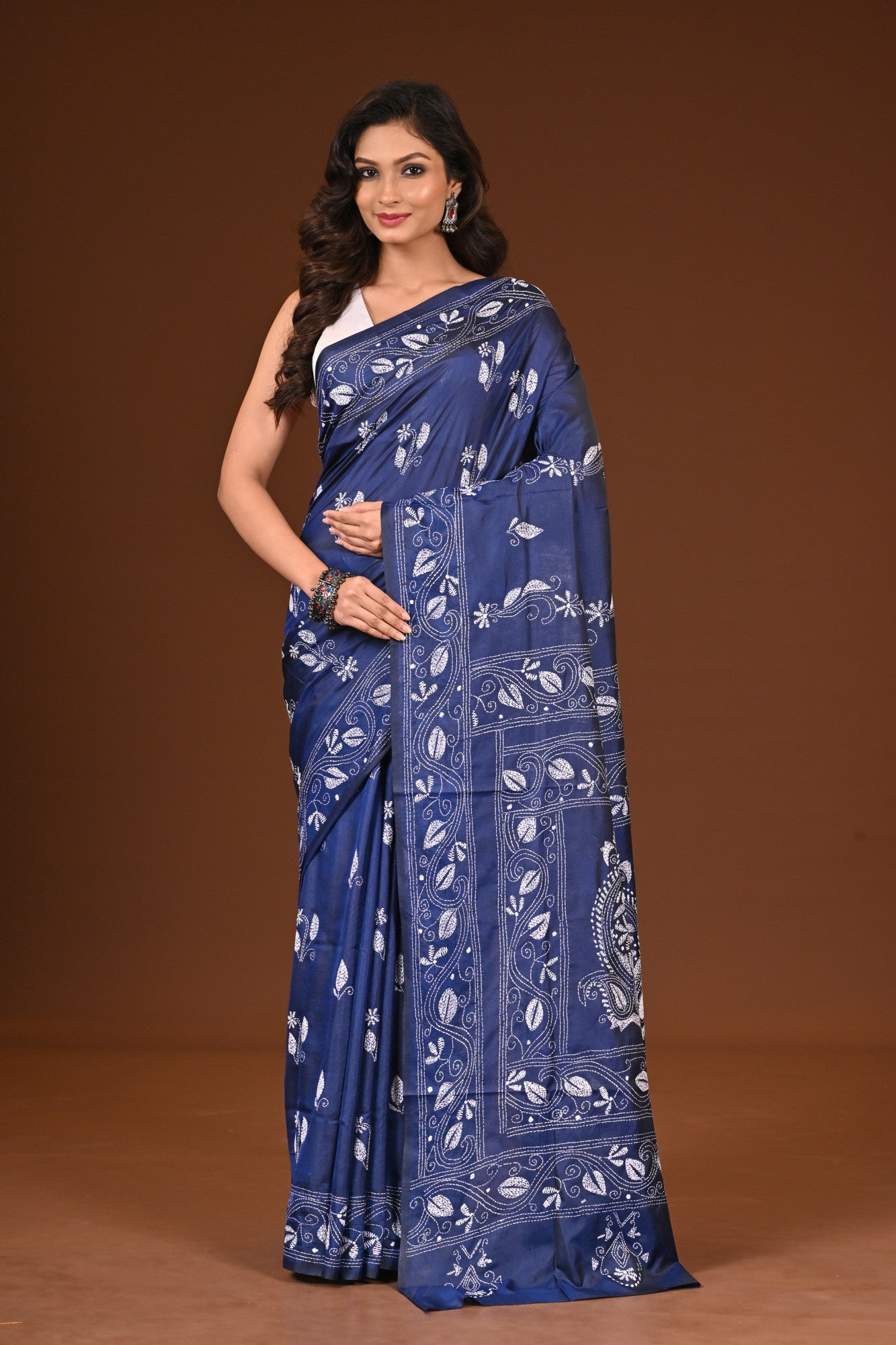 Blended Silk Kantha Stitch Saree Blue