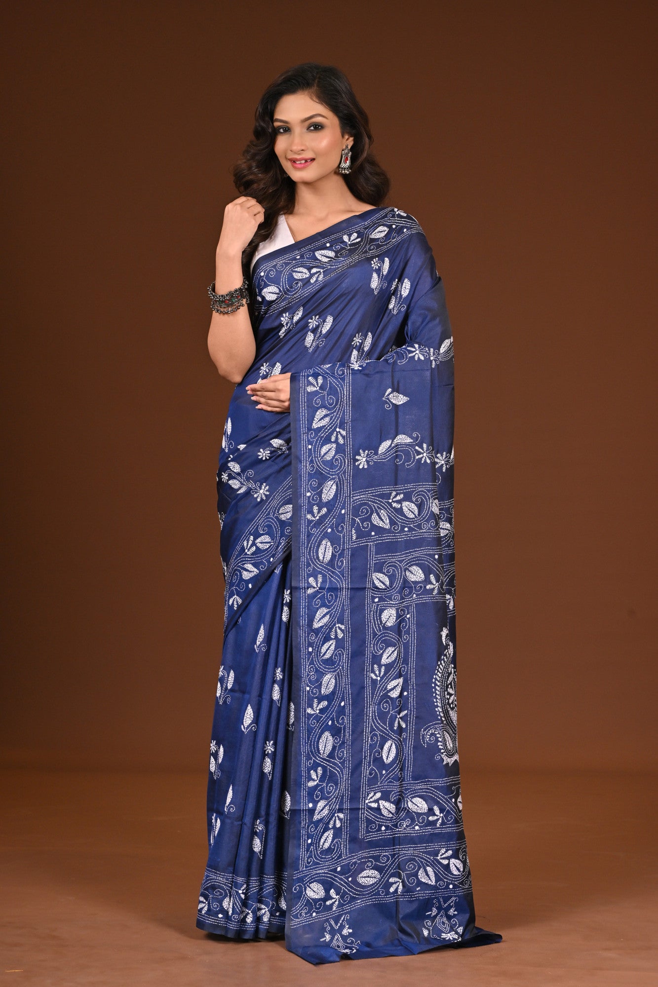 Blended Silk Kantha Stitch Saree Blue Thumbnail