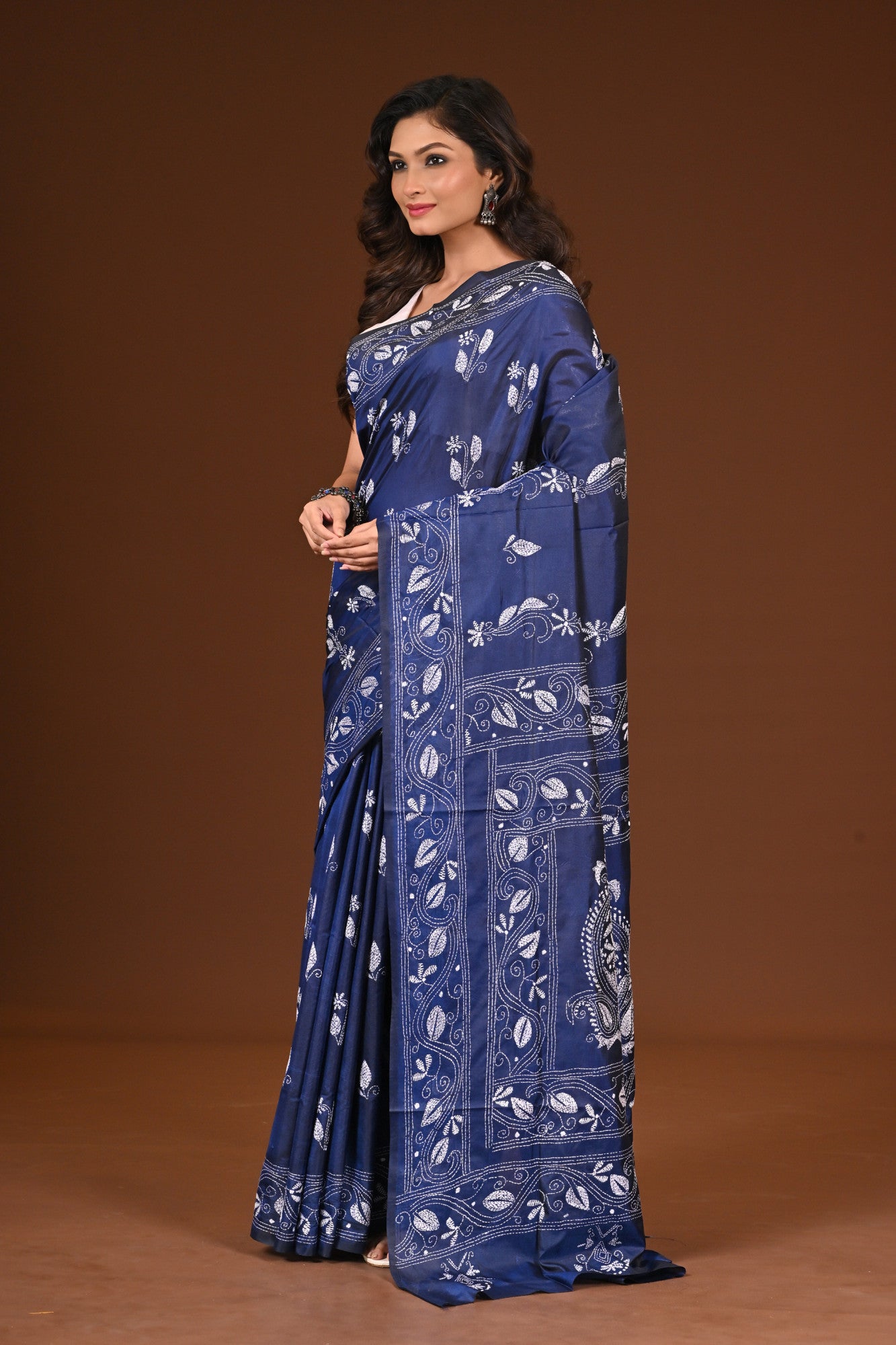 Blended Silk Kantha Stitch Saree Blue Thumbnail