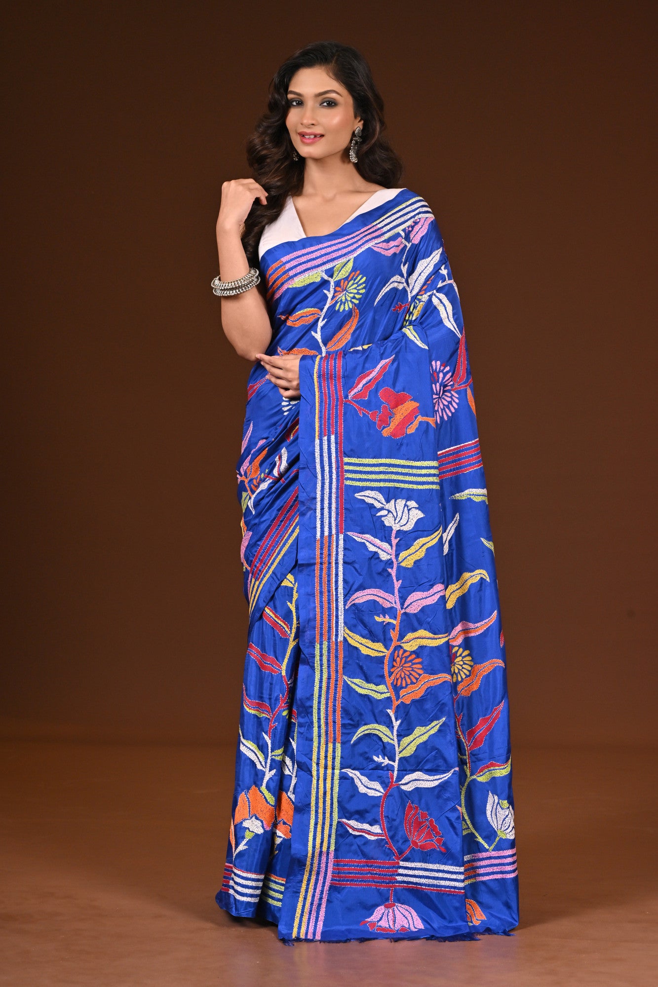 Blended Silk Kantha Stitch Saree Blue Thumbnail