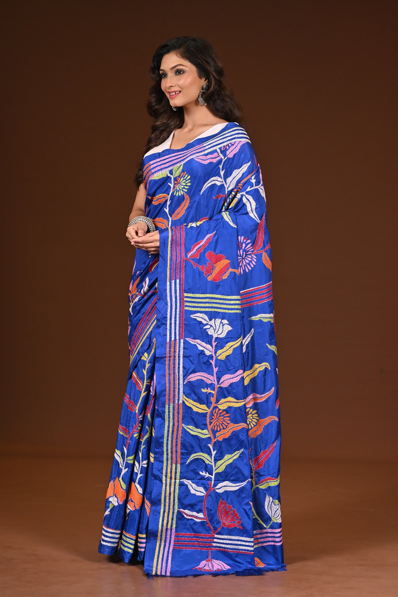Blended Silk Kantha Stitch Saree Blue Thumbnail