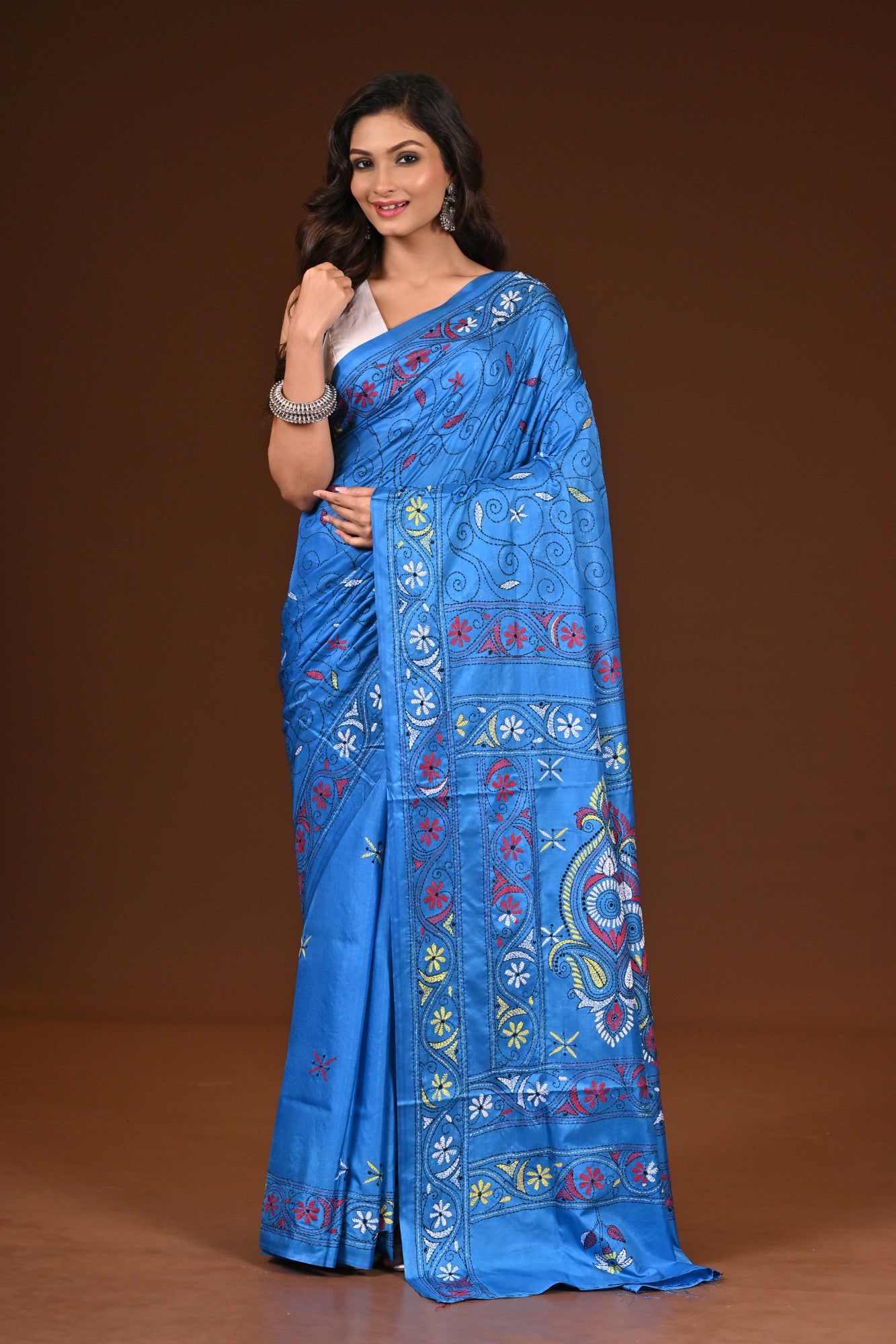 Blended Silk Kantha Stitch Saree Blue Thumbnail
