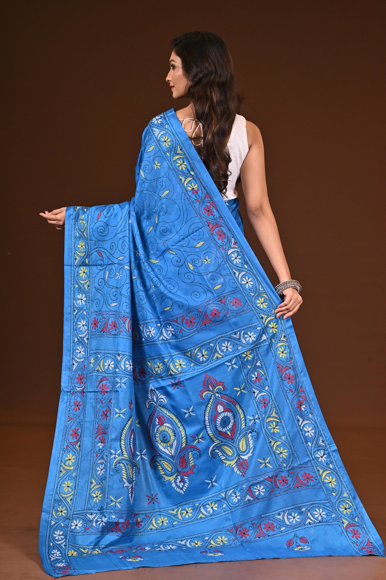 Blended Silk Kantha Stitch Saree Blue Thumbnail
